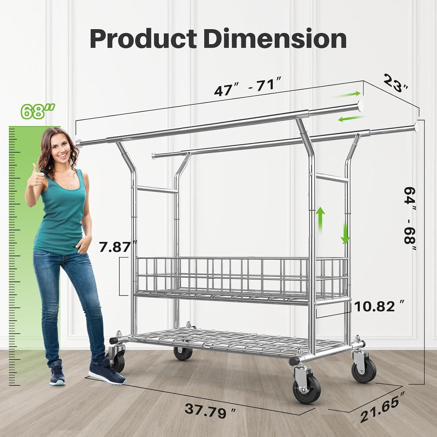 HOKEEPER Heavy Duty Clothing Clothes Rack for Hanging Clothes Adjustable Rolling Garment Rack with Wheels for Bedroom, Living Room (Double Rod with Metal Basket)