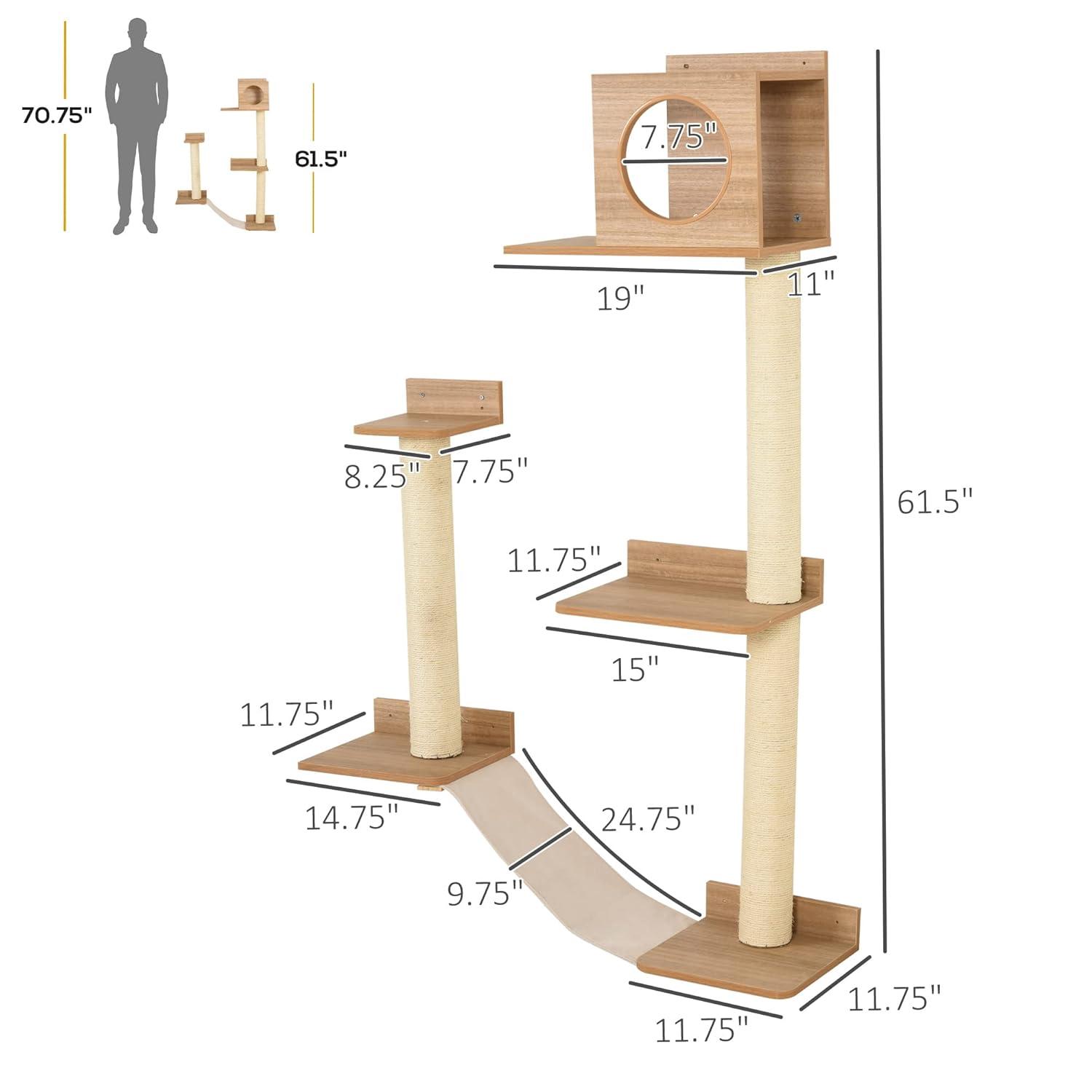 PawHut Wall-Mounted Multi-Level Cat Tree Activity Tower w/ Sisal Scratch Posts