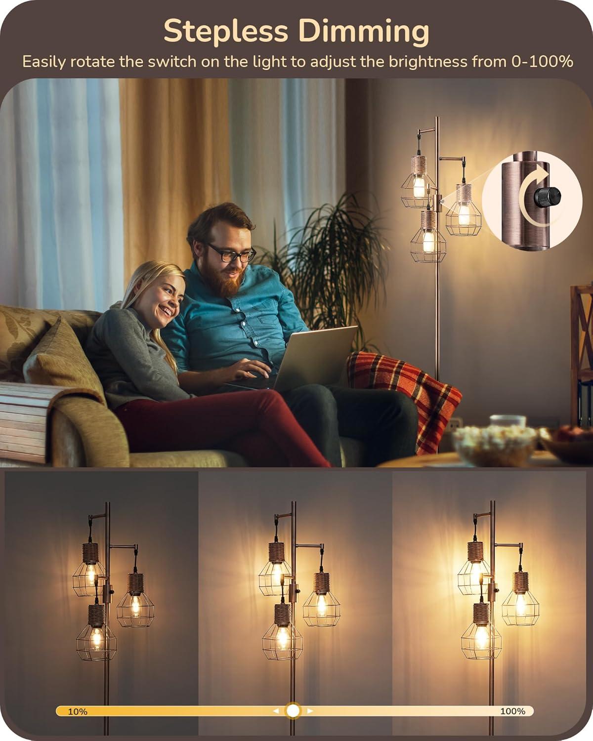 EDISHINE Dimmable Rustic Floor Lamp, Farmhouse Standing Lamp with 3 LED Edison Bulbs, Rattan Design Floor Lamps for Living Room, Bedroom, Reading Corner, Office, Electroplated Brushed Red Copper