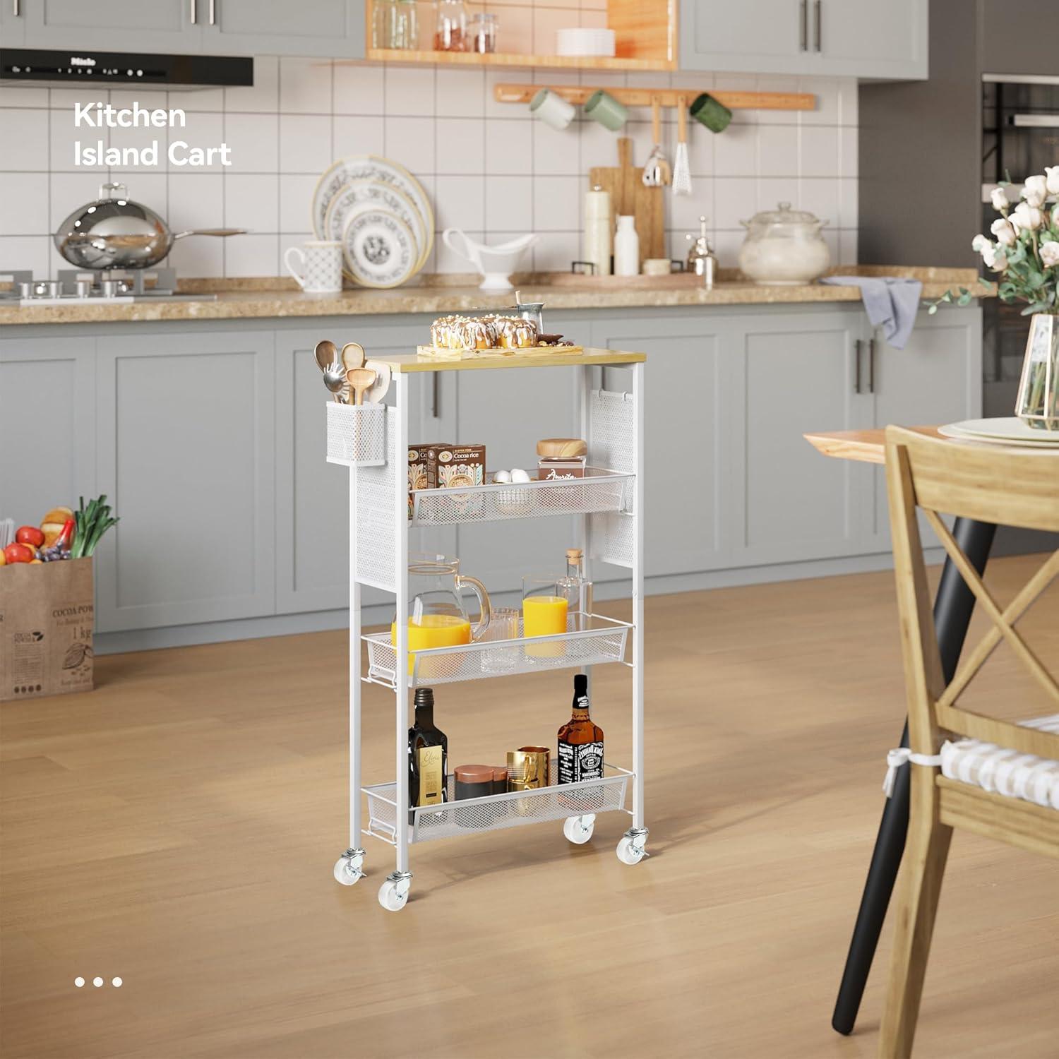 DWVO 4-Tier Slim Rolling Cart on Wheels, 34" Wooden Tabletop Kitchen Storage Organizer Cart with Wire Mesh Baskets, Slide-Out Storage Cart for Kitchen, Bathroom Living Room (White)