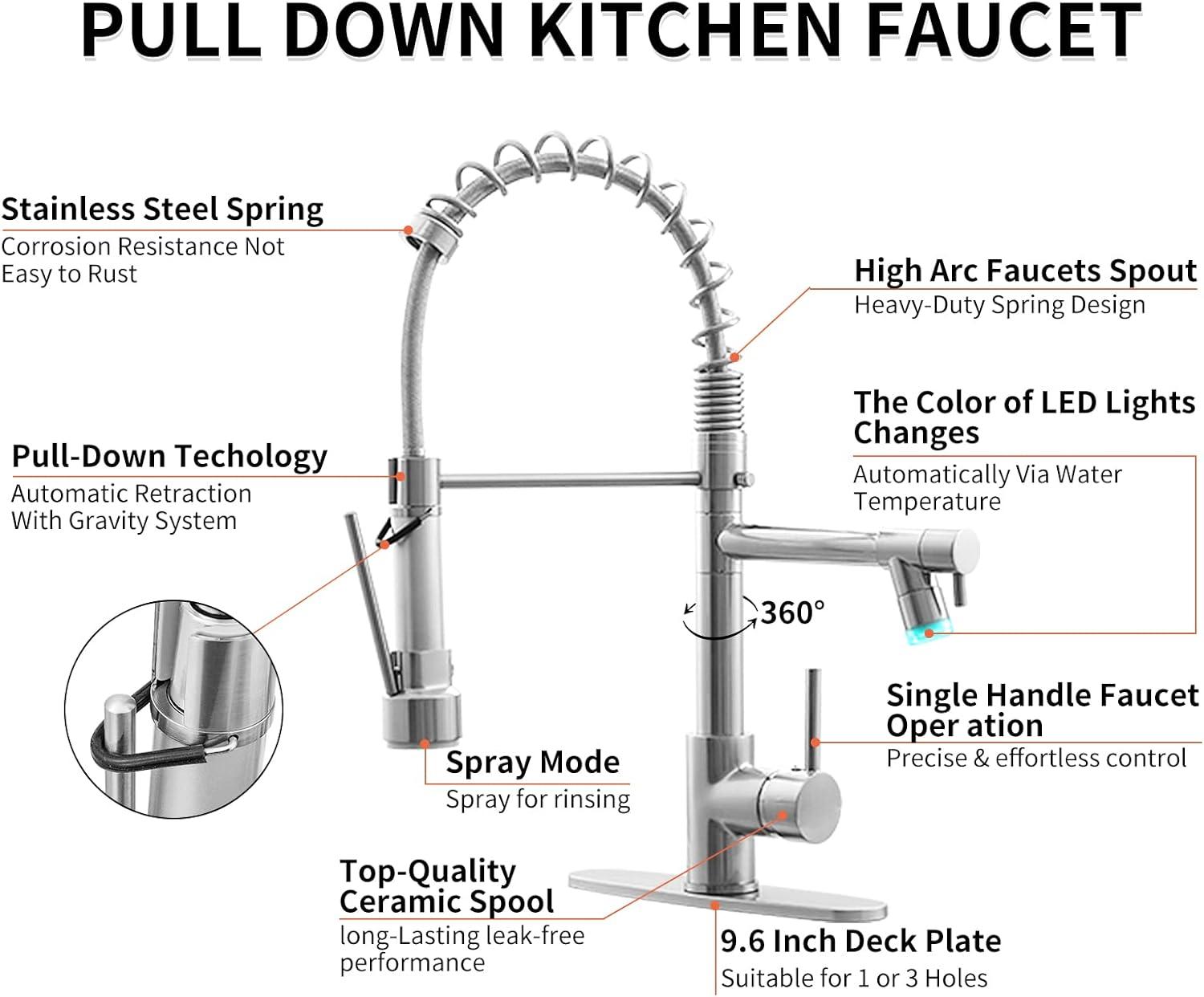 Brushed Nickel LED Pull Down Kitchen Faucet with Sprayer