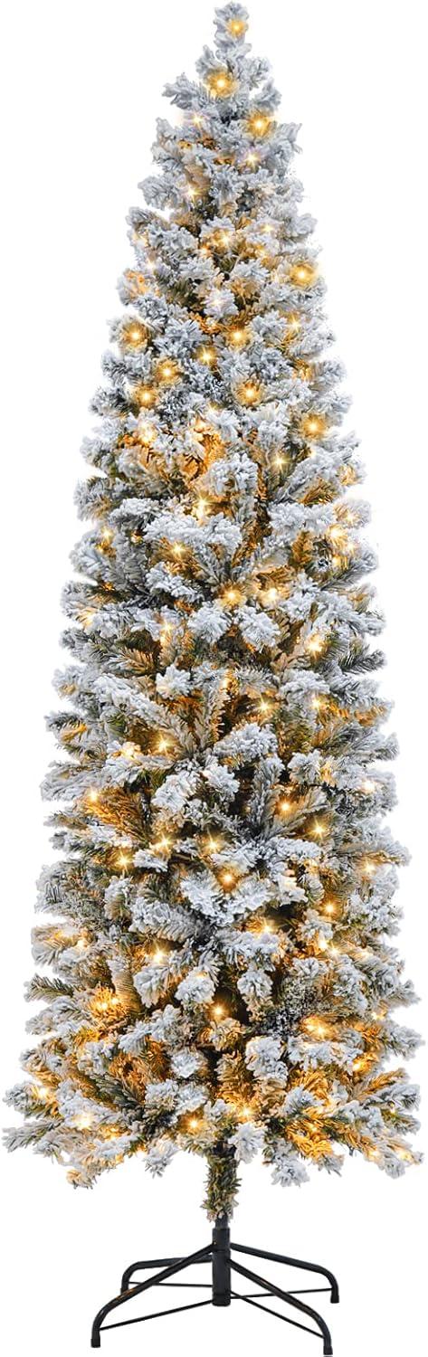 6-Foot Snow Flocked Slim Christmas Tree with Warm LED Lights