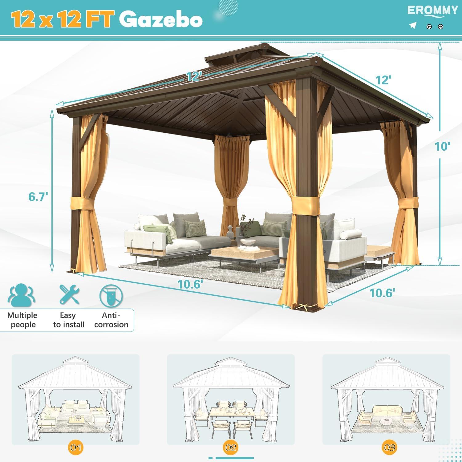 Erommy Outdoor Hardtop Gazebo with Galvanized Steel Double Roof & Aluminum Frame, Outdoor pergola with Premium Curtains and Nettings 12*12