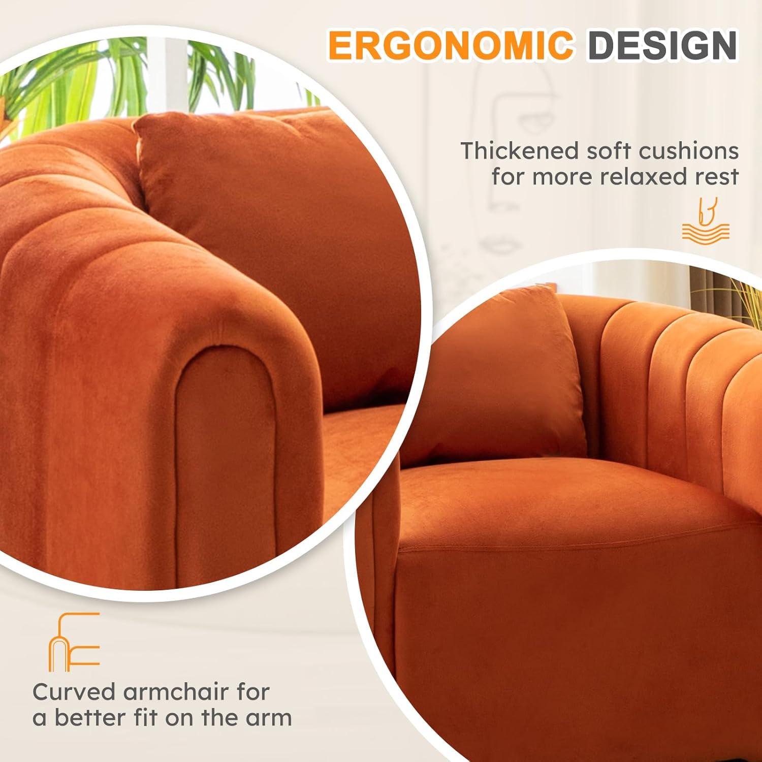 EBELLO  Oversize Velvet Swivel 360° Rotation Barrel Comfy Round Armchair With Plump Pillow Suitable For Living Room Bedroom Orange