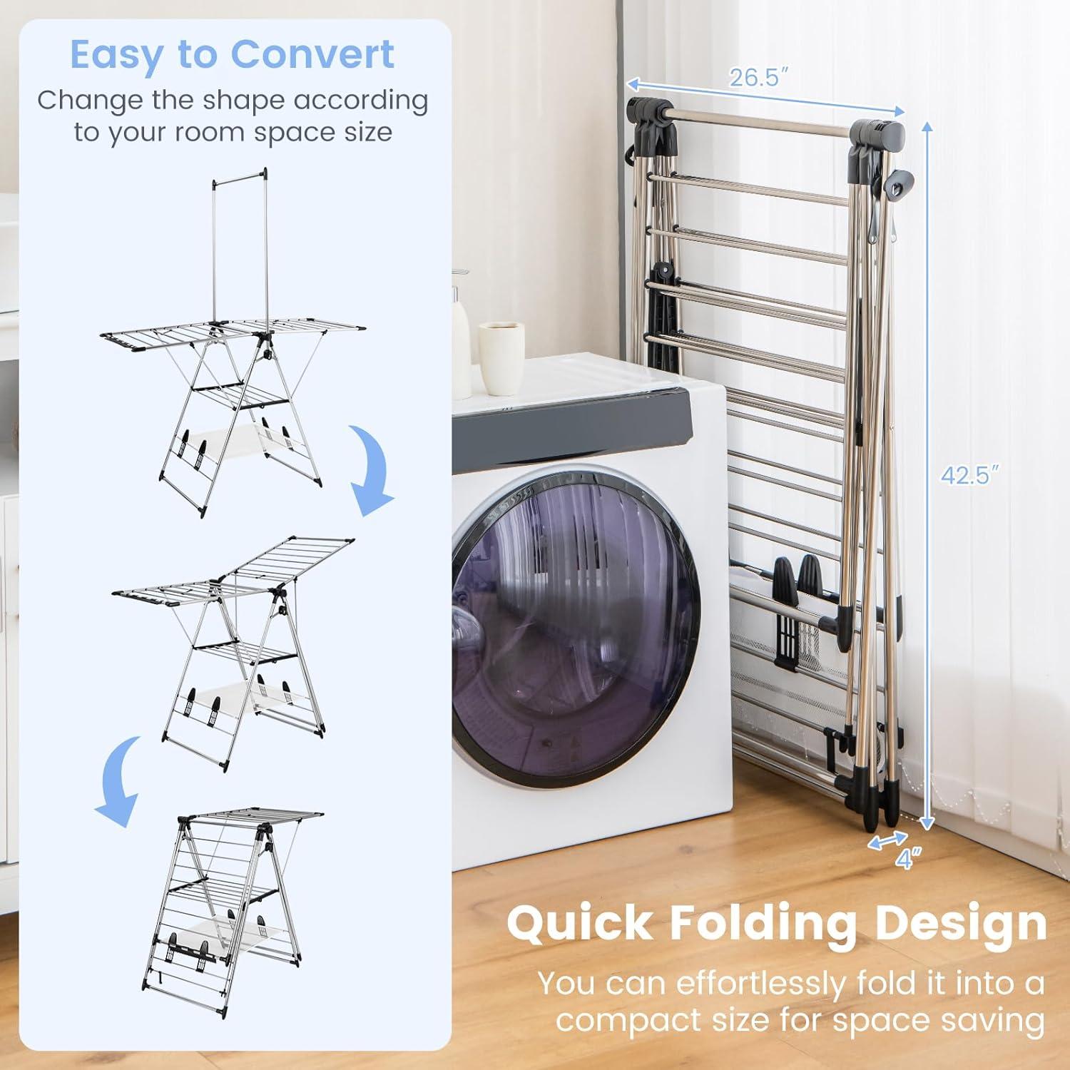 Topbuy Clothes Drying Rack Aluminum Gullwing Style Rack with 6-Level Adjustable Height High Hanger Design Side Clips