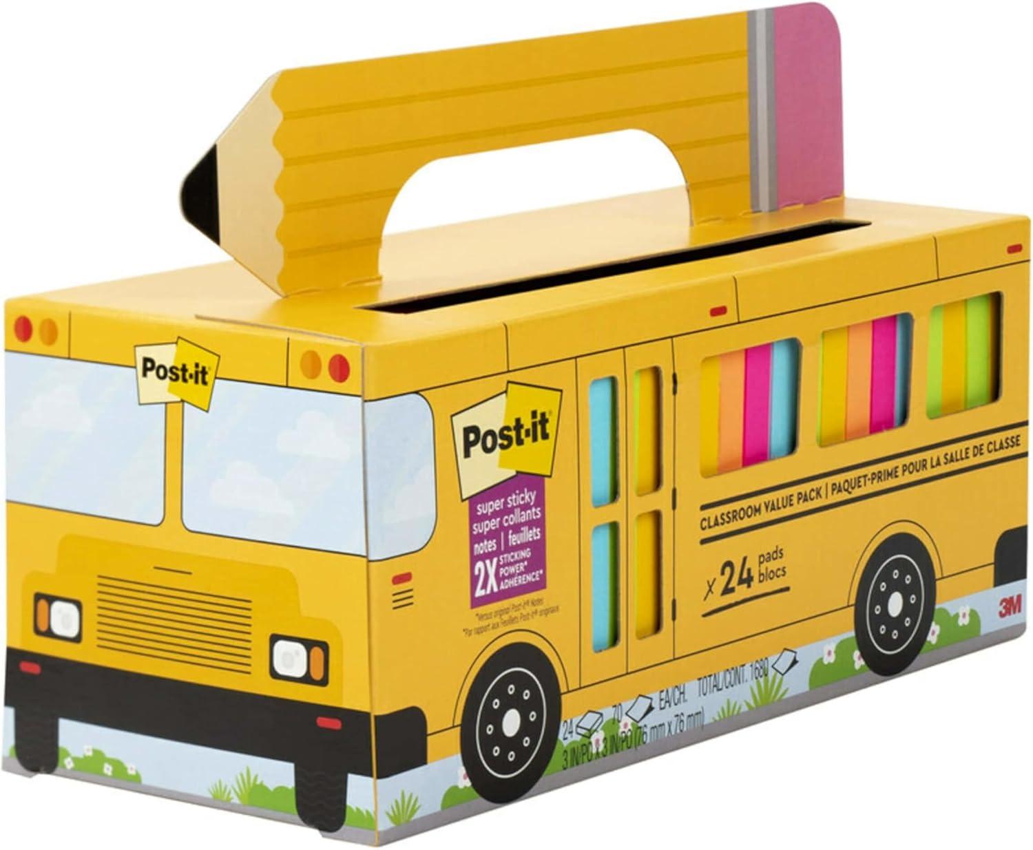 Post-it Super Sticky Notes Bus Pack, 3 x 3 Inches, Assorted, Pack of 24