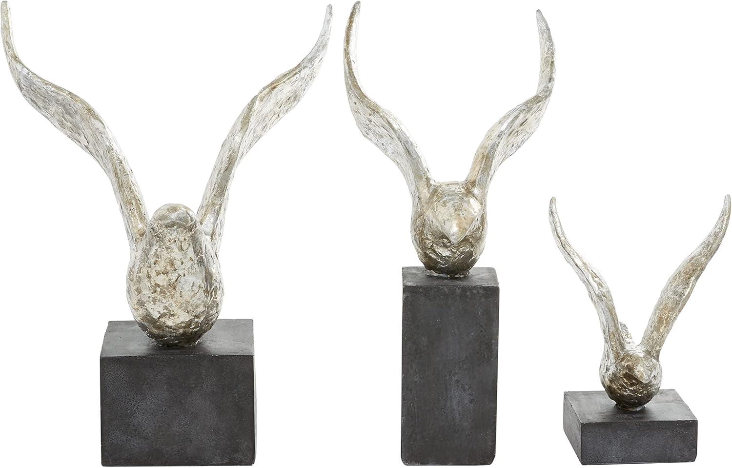 14", 9", 14"H Silver Polystone Bird Sculpture, by DecMode (3 Count)