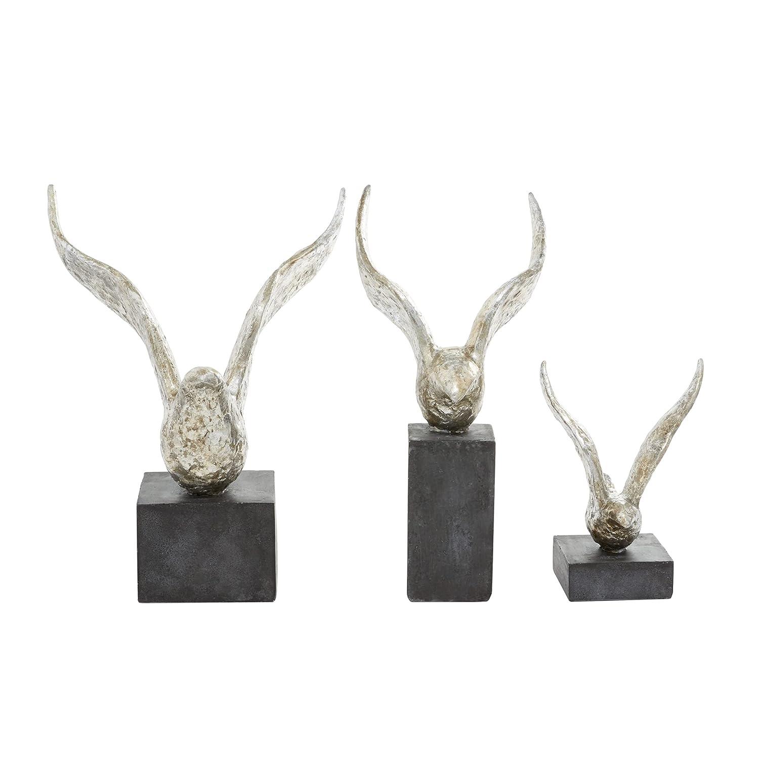 14", 9", 14"H Silver Polystone Bird Sculpture, by DecMode (3 Count)