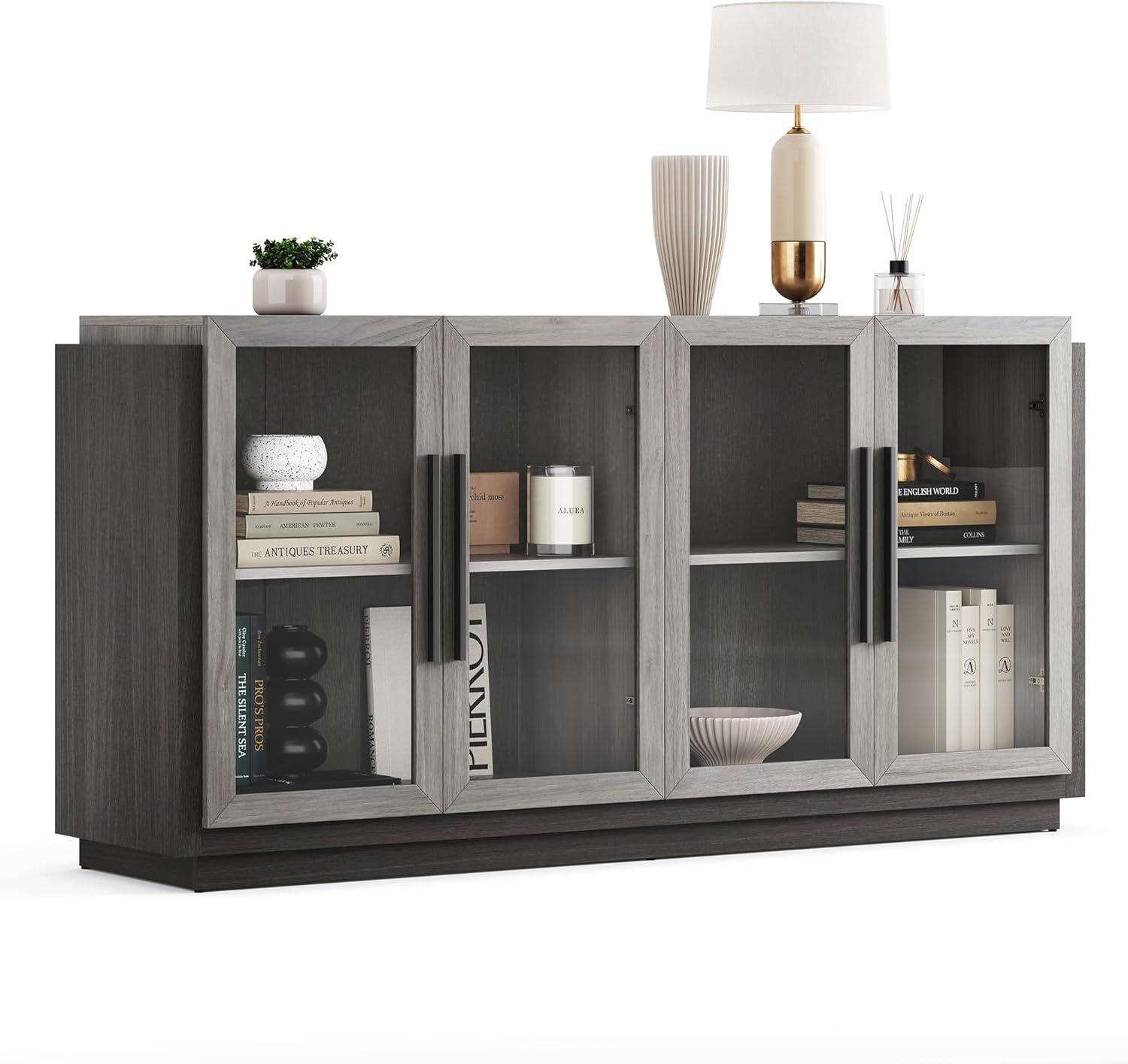 BELLEZE Sideboard Buffet Cabinet, Modern Wood Glass-Buffet-Sideboard with Storage, Console Table for Kitchen, Dinning Room, Living Room, Hallway, or Entrance - Brixston (Grey)