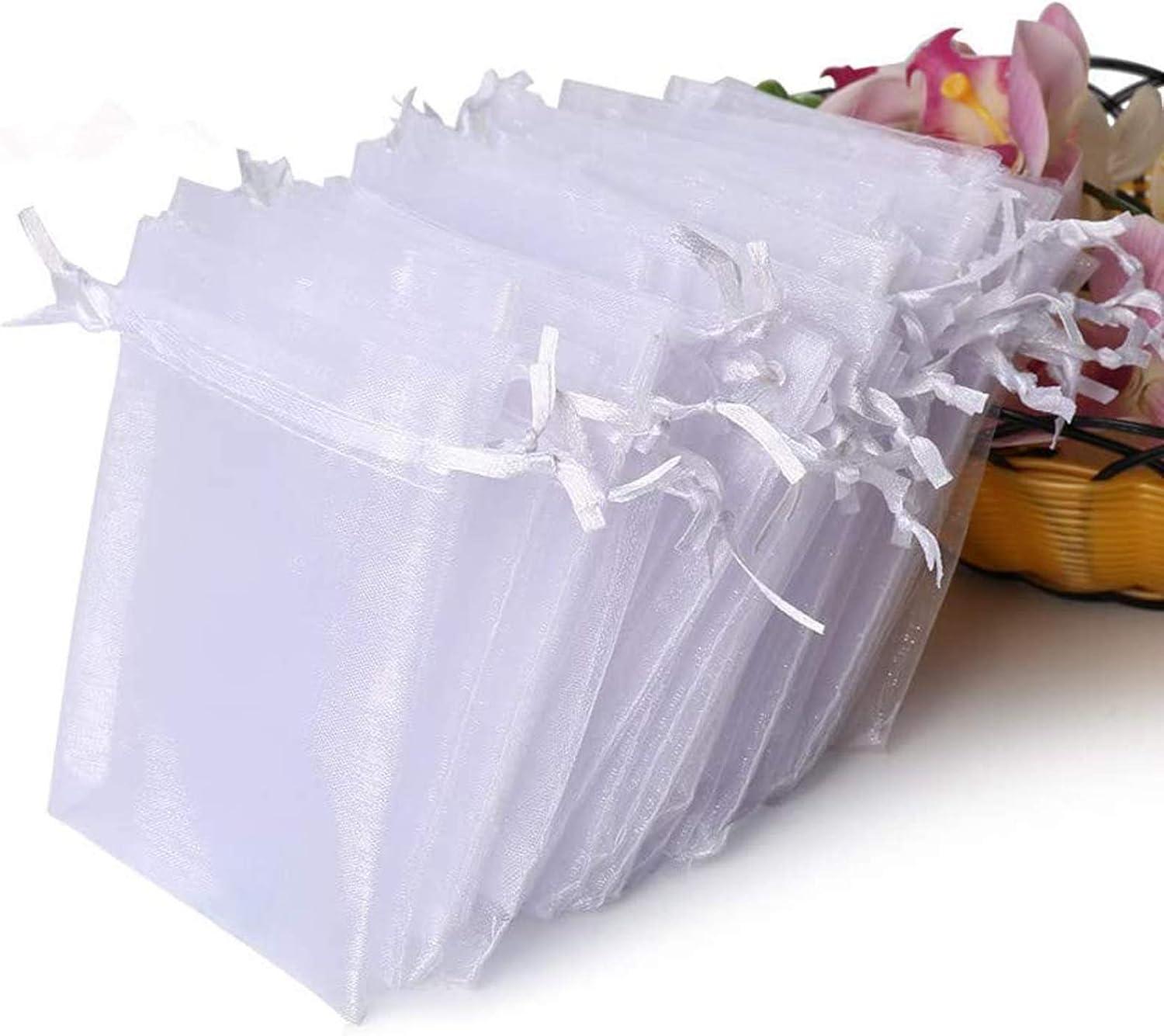 White Sheer Organza Drawstring Gift Bags, 100-Pack