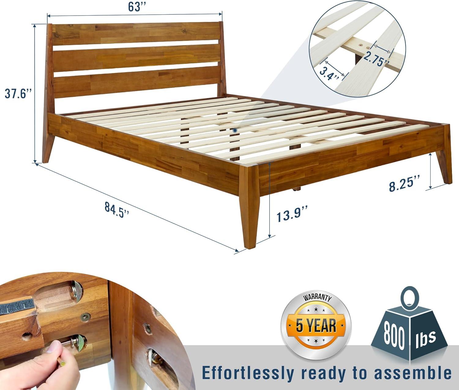 Acacia Premium Emery Solid Wood Platform Bed Frame with Headboard, King size Bed Frame and Headboard, Noise-Free, No Box Spring Needed