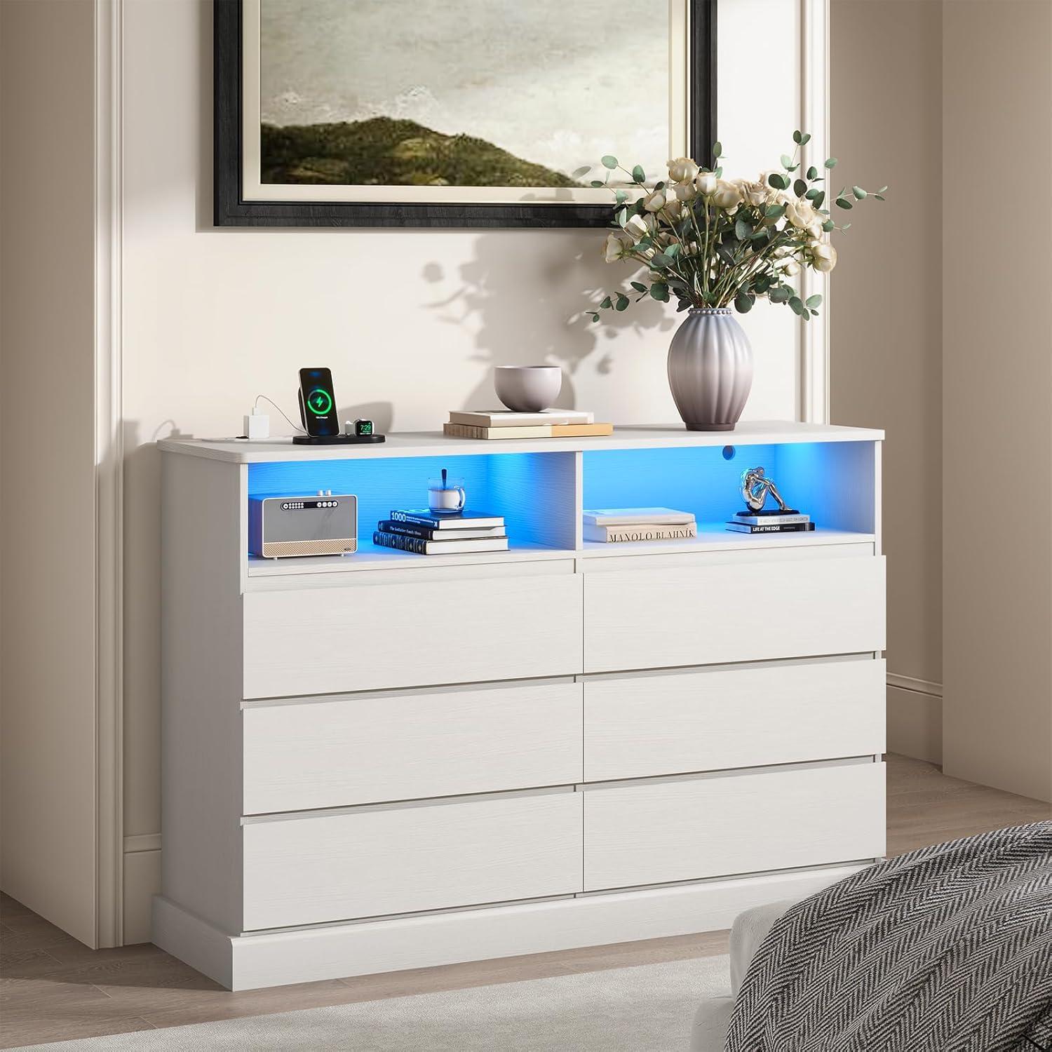 6 Drawers Dresser Storage Cabinets for Bedroom, Dresser Chest of Drawers with Charging Station&LED Lights for Living Room, White