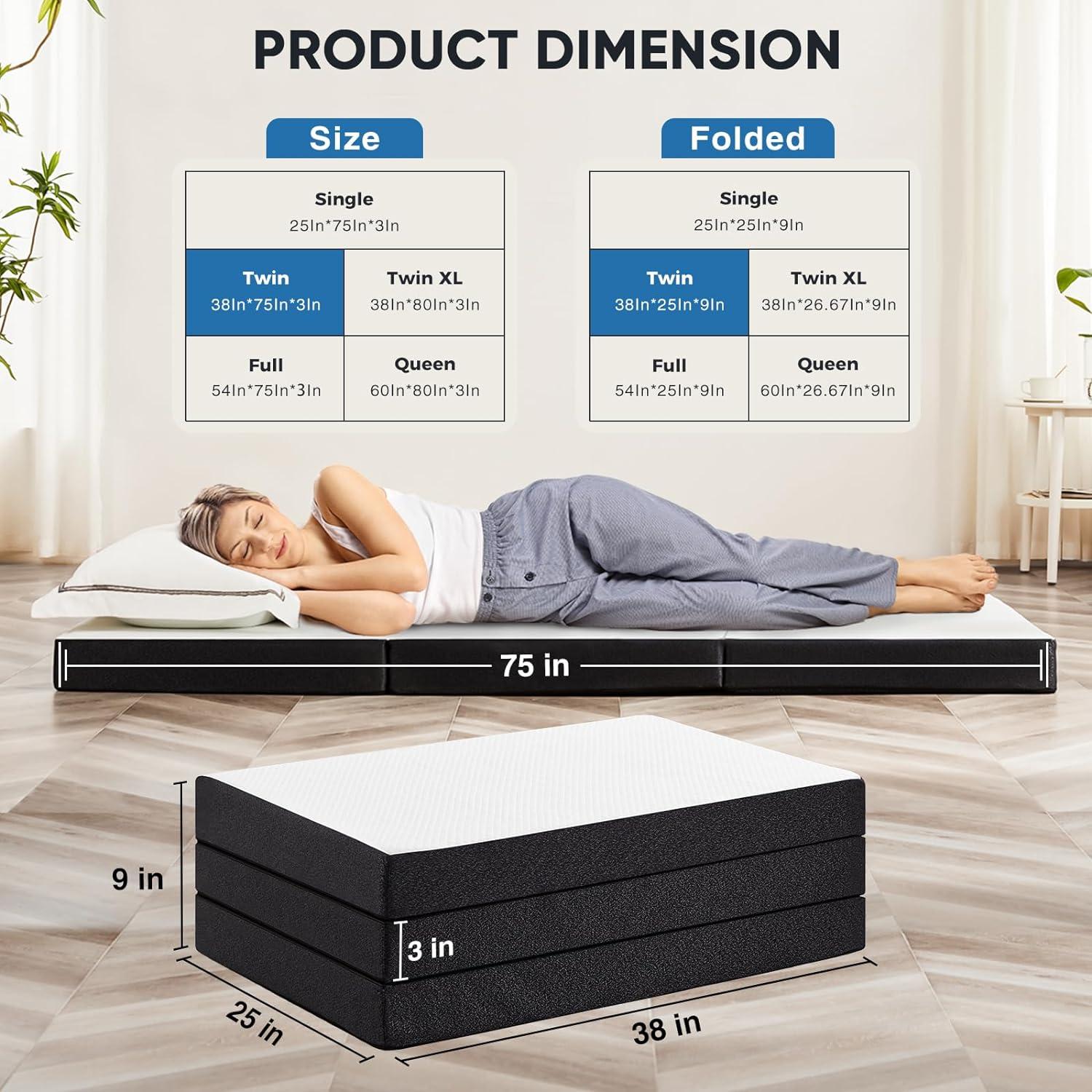 Twin Black and White Gel Memory Foam Tri-Fold Mattress