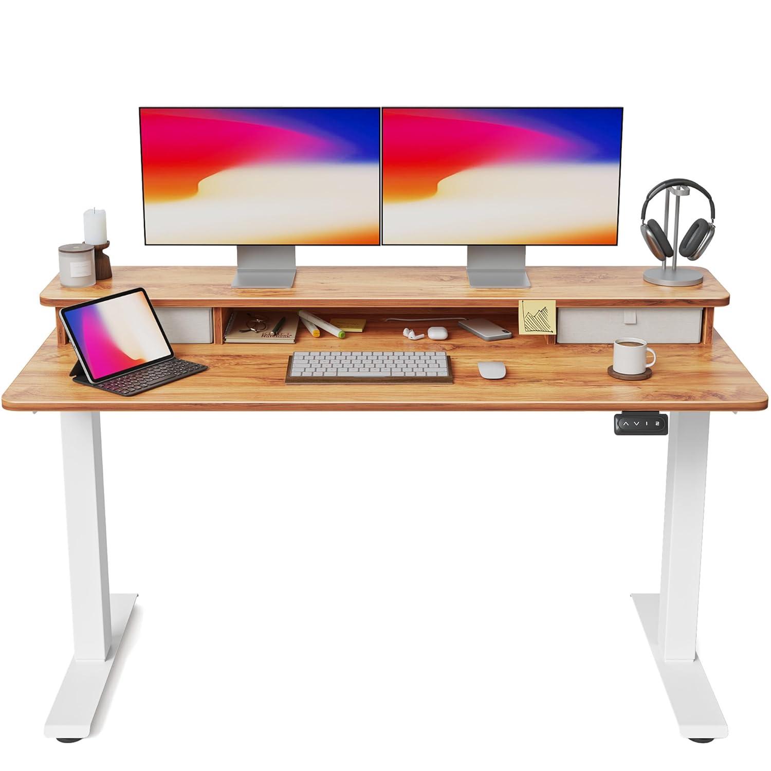 Agilestic Adjustable Height Electric Standing Desk with Storage Wooden Drawer, 55 x 24 Inches Stand Up Home Office Computer Gaming Table for Work Office Home, Rustic Brown