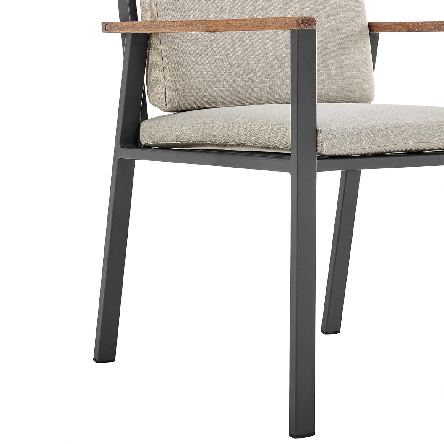 Armen Living Nofi Outdoor Patio Dining Chair in Charcoal Finish with Taupe Cushions and Teak Wood Accent Arms  - Set of 2