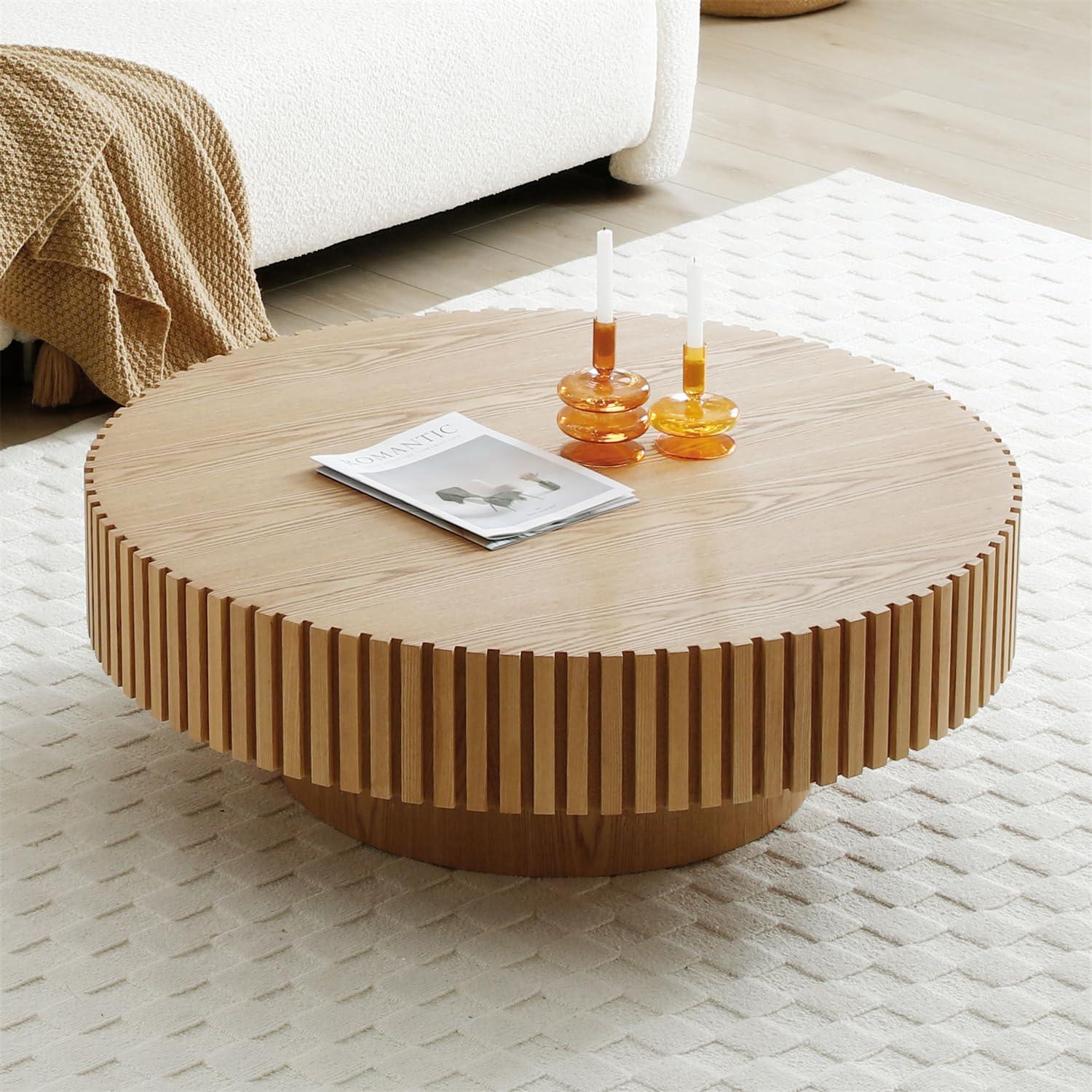 Round Coffee Table, 31.49" Modern Handcraft Relief Drum Circle Wood Table Side End Accent Center Table for Living Room, Small Space, Apartment, Natural Ash
