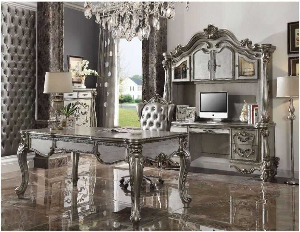 Elegant Antique White and Gray Wooden Desk with Hutch and Drawers