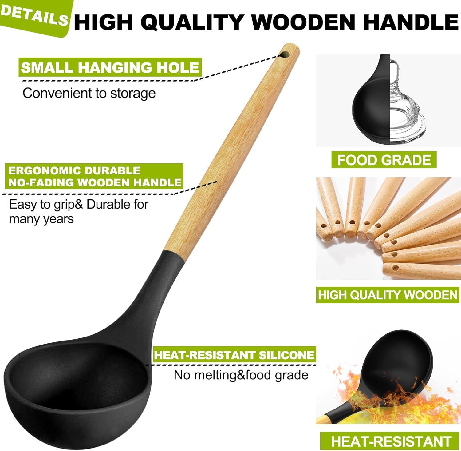 Silicone Kitchen Cooking Utensils Sets with Holder,Nonstick Heat Resistant,Wooden Handle,Black