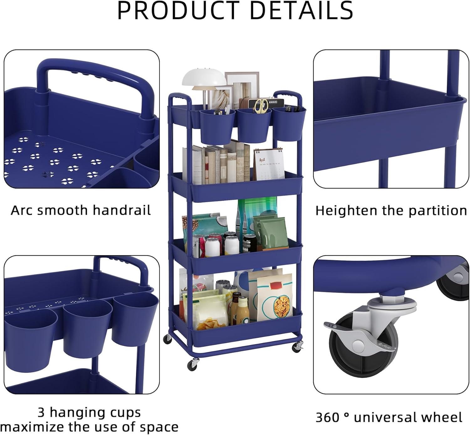 White 4-Tier Plastic Rolling Storage Cart with Lockable Wheels