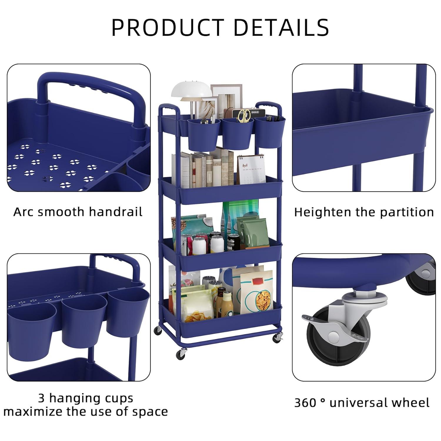 JIUYOTREE 4-Tier Plastic Rolling Storage Cart Utility Cart with Extra Hanging Cups Handles Lockable Wheels for Living Room Bathroom Kitchen Office Green