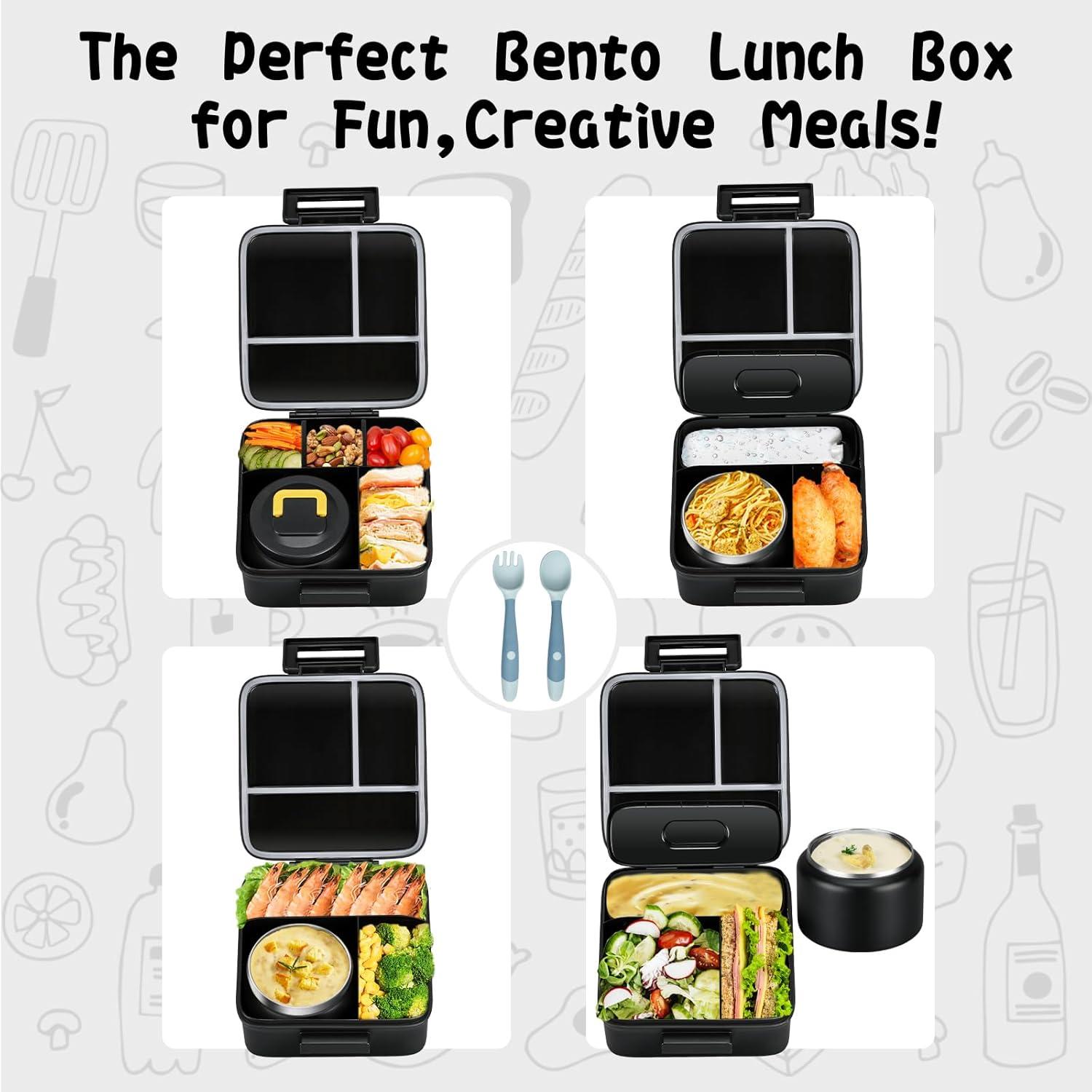 Bento Lunch Box for Kids With 8oz Soup thermo,Leak-proof Lunch Containers with 5 Compartment,thermo Food Jar and Lunch Bag, Food Containers for School (A-Black(Game Consoley))