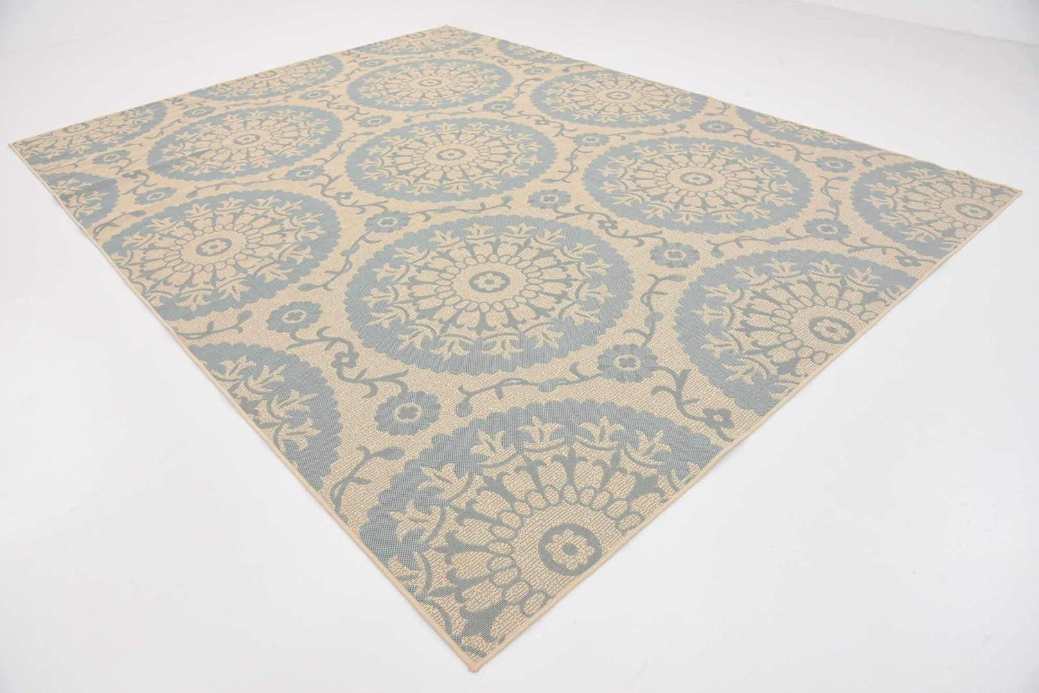 Unique Loom Outdoor Botanical Collection Area Rug - Medallion (9'  x 12' 2" Rectangle Aqua/Beige)