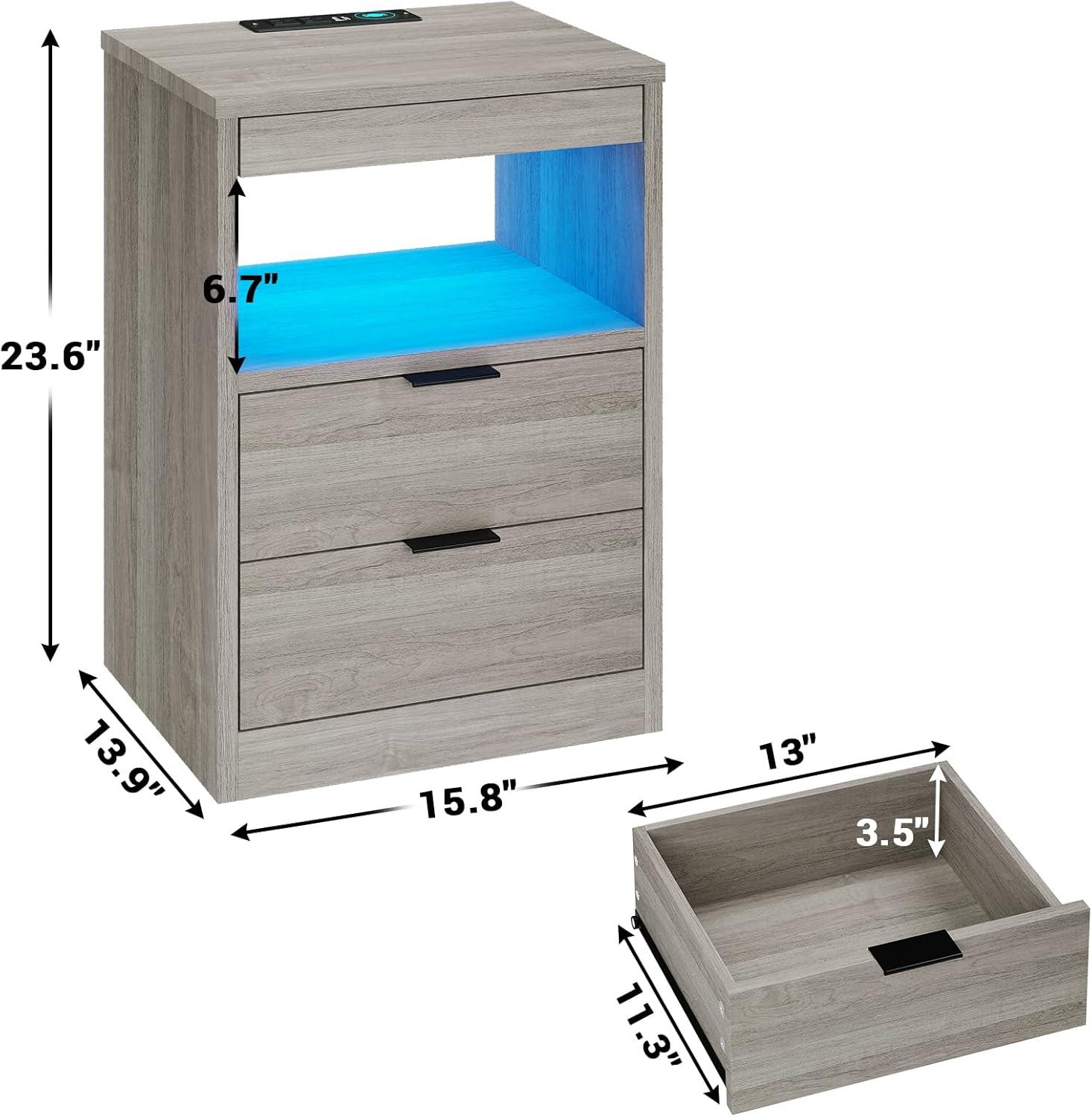 Exlonjet Black Nightstand with Wireless Charging Station and LED Lights, Bedside Table with 2 Drawers, Open Storage, 1 Pull-Out Tray, End Side Table with Charging Station, LED Night Stand with Storage