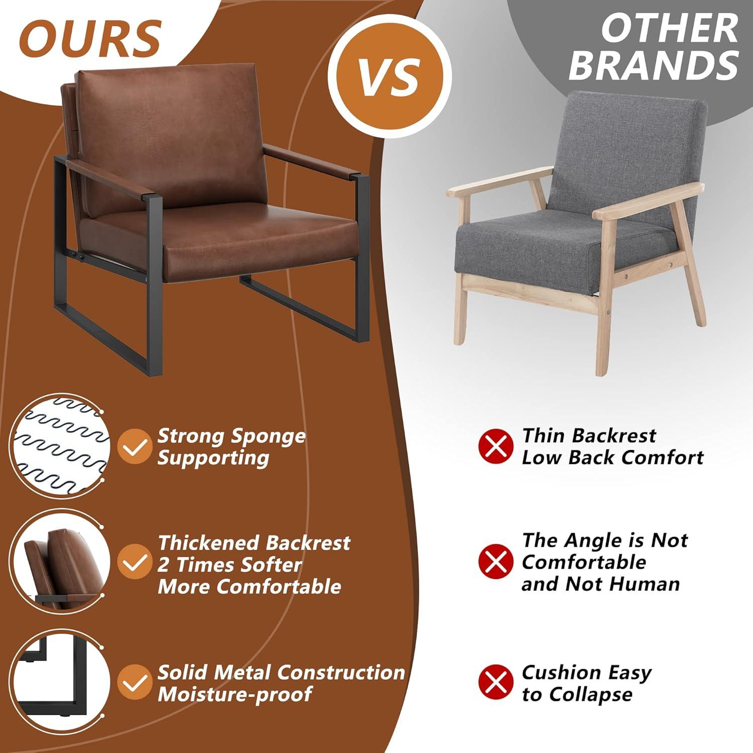 Modern Brown Leather Accent Chair with Metal Frame