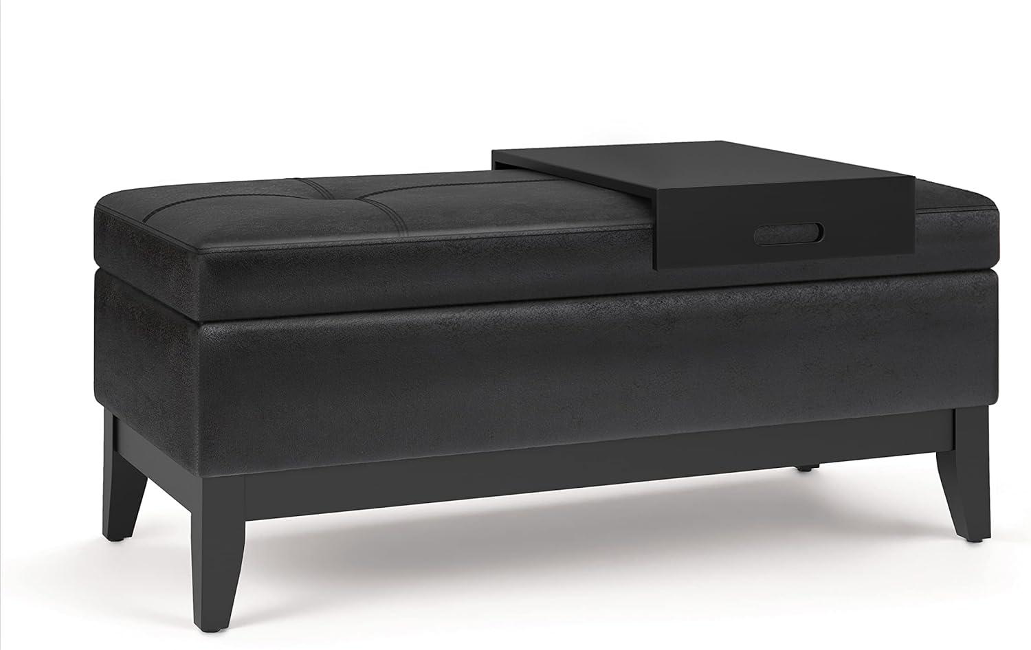 Simpli Home Oregon 42" Wd. Storage Ottoman Bench with Tray in Distressed Black