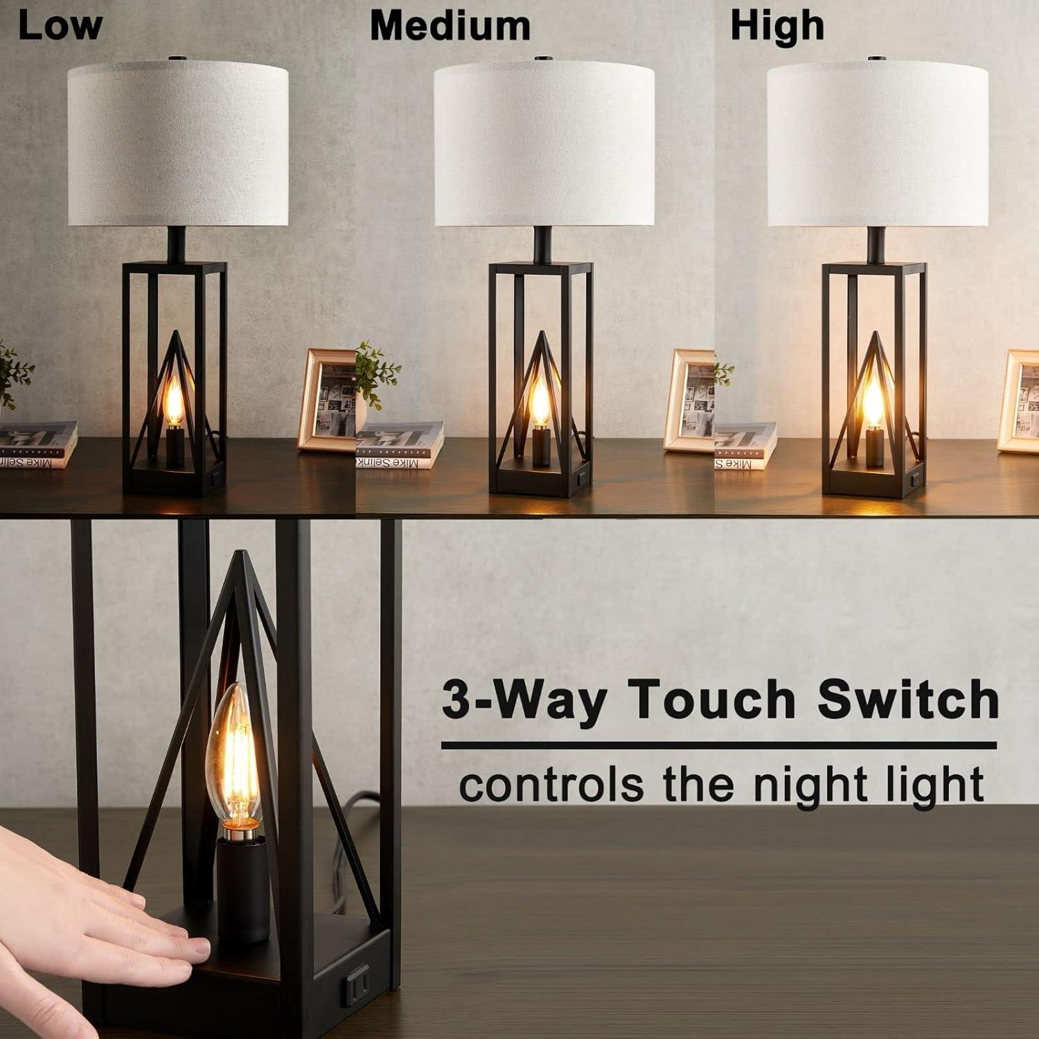 KYRID 3-Way Touch Control 23’’ Table Lamp Set of 2 with Triangle Night Light, Bedroom Nightstand Lamp Set with USB Ports and AC Outlet,(LED Bulbs Included),Painted Black Finish