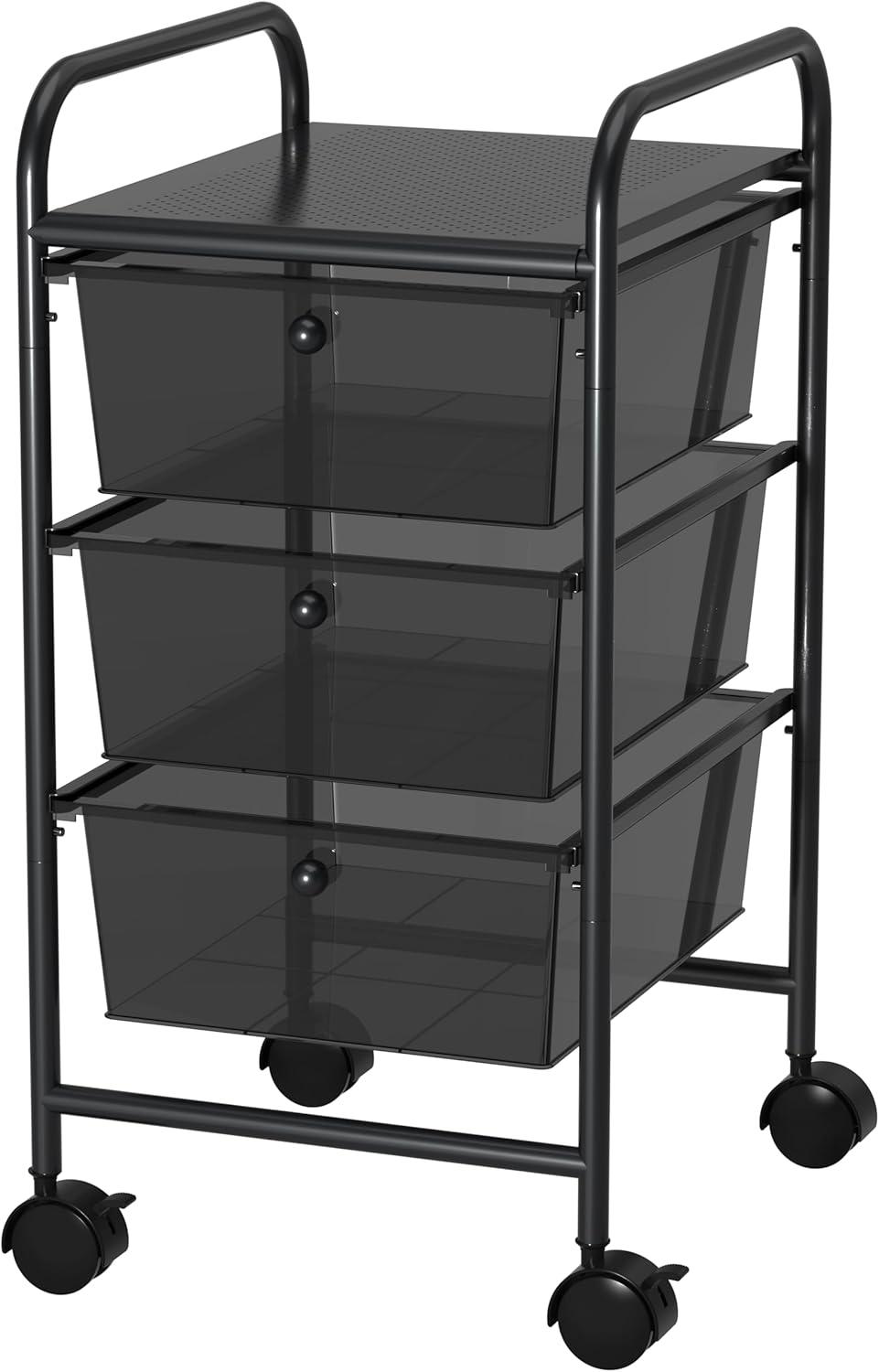 Black Metal 3-Drawer Rolling Utility Cart with Perforated Top