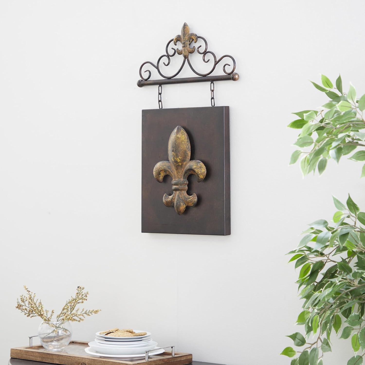 DecMode Bronze Metal Suspended Fleur De Lis Wall Decor with Scrollwork Hanger