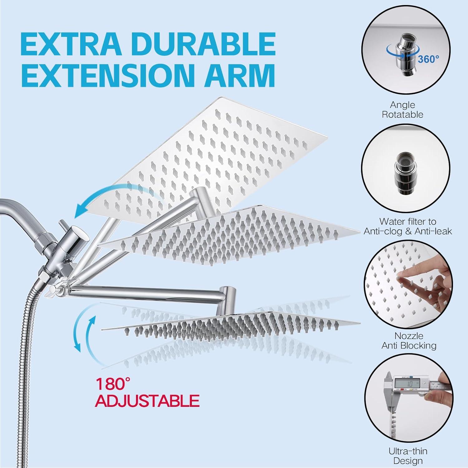 Chrome Dual Shower Head with Handheld Spray and Adjustable Arm