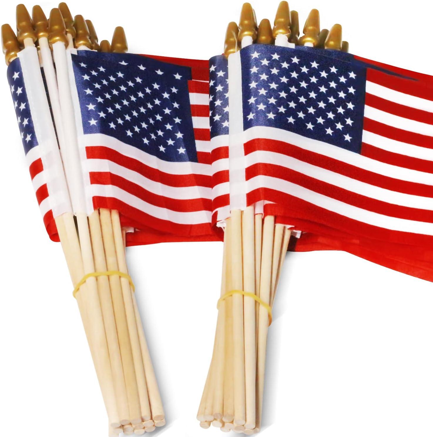 Pack of 50 USA 4x6 Inch Wooden Stick Flags with Golden Spear Top