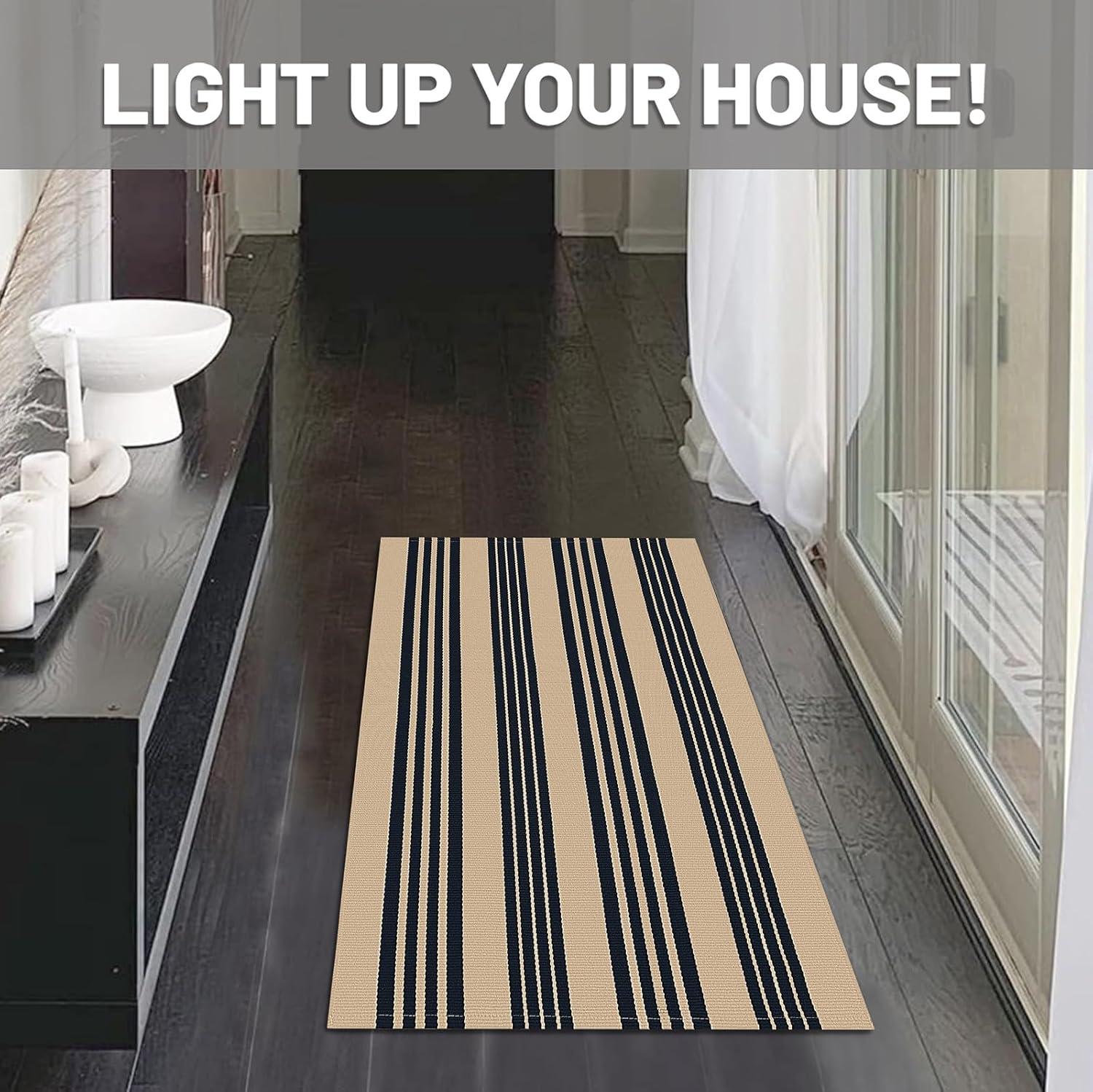IOHOUZE Navy and White Striped Rug 2'x3' Front Door Rugs, Small Washable Area Rug for Front Porch, Spring Summer Doormats Outdoor Indoor, Cotton Rugs for Entryway Porch Entrance