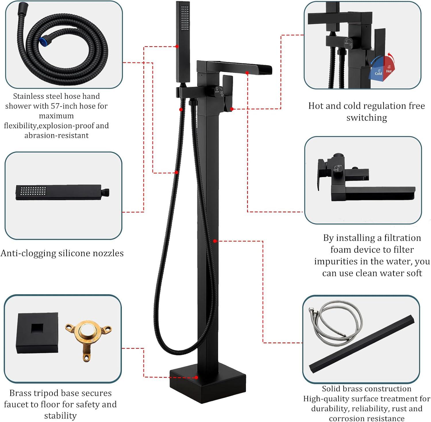 AlenArtWater Waterfall Tub Filler Freestanding Bathtub Faucet Floor Mount Brass Single Handle Bathroom Faucets with Hand Shower 93-LJQKCZ