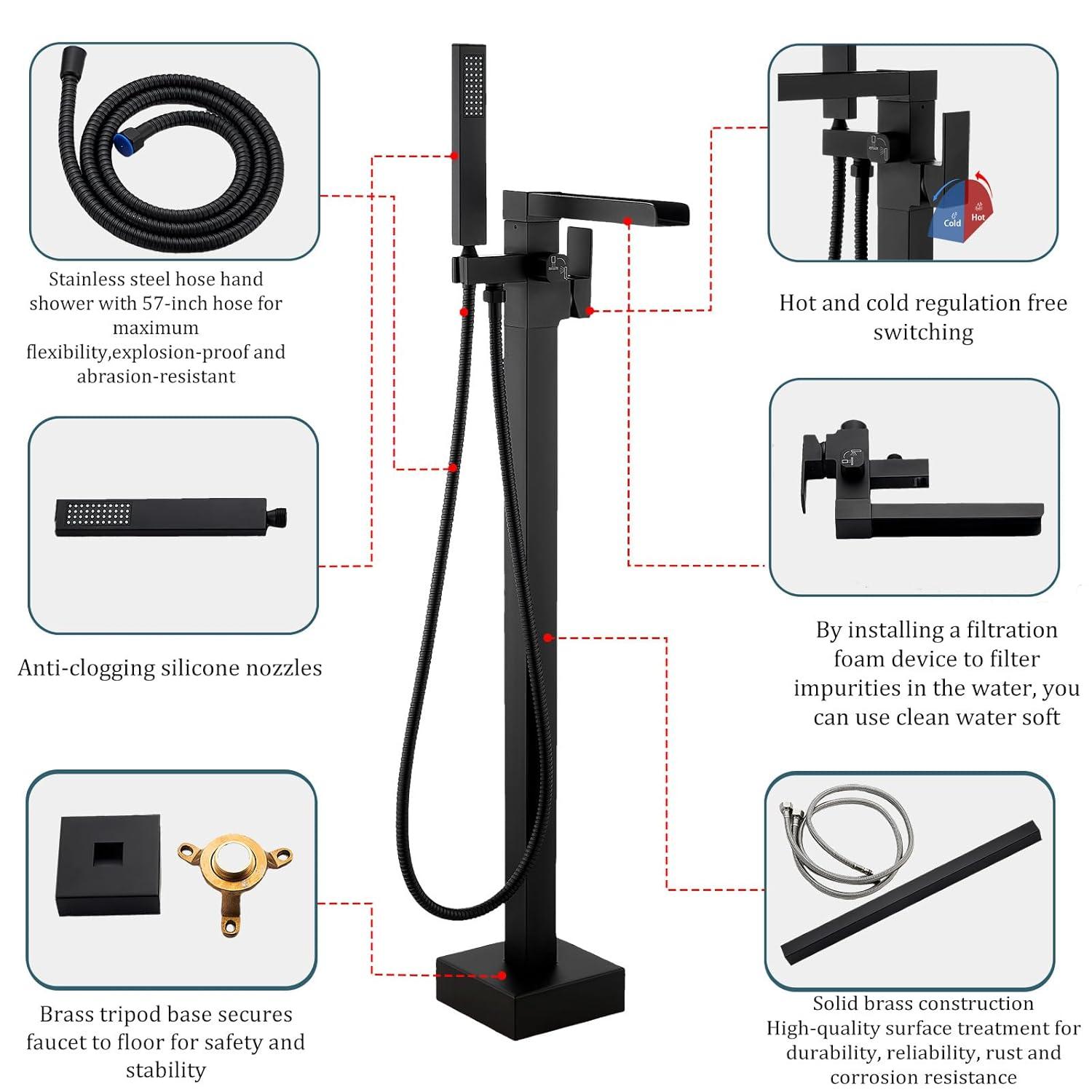 AlenArtWater Waterfall Tub Filler Freestanding Bathtub Faucet Floor Mount Brass Single Handle Bathroom Faucets with Hand Shower 93-LJQKCZ