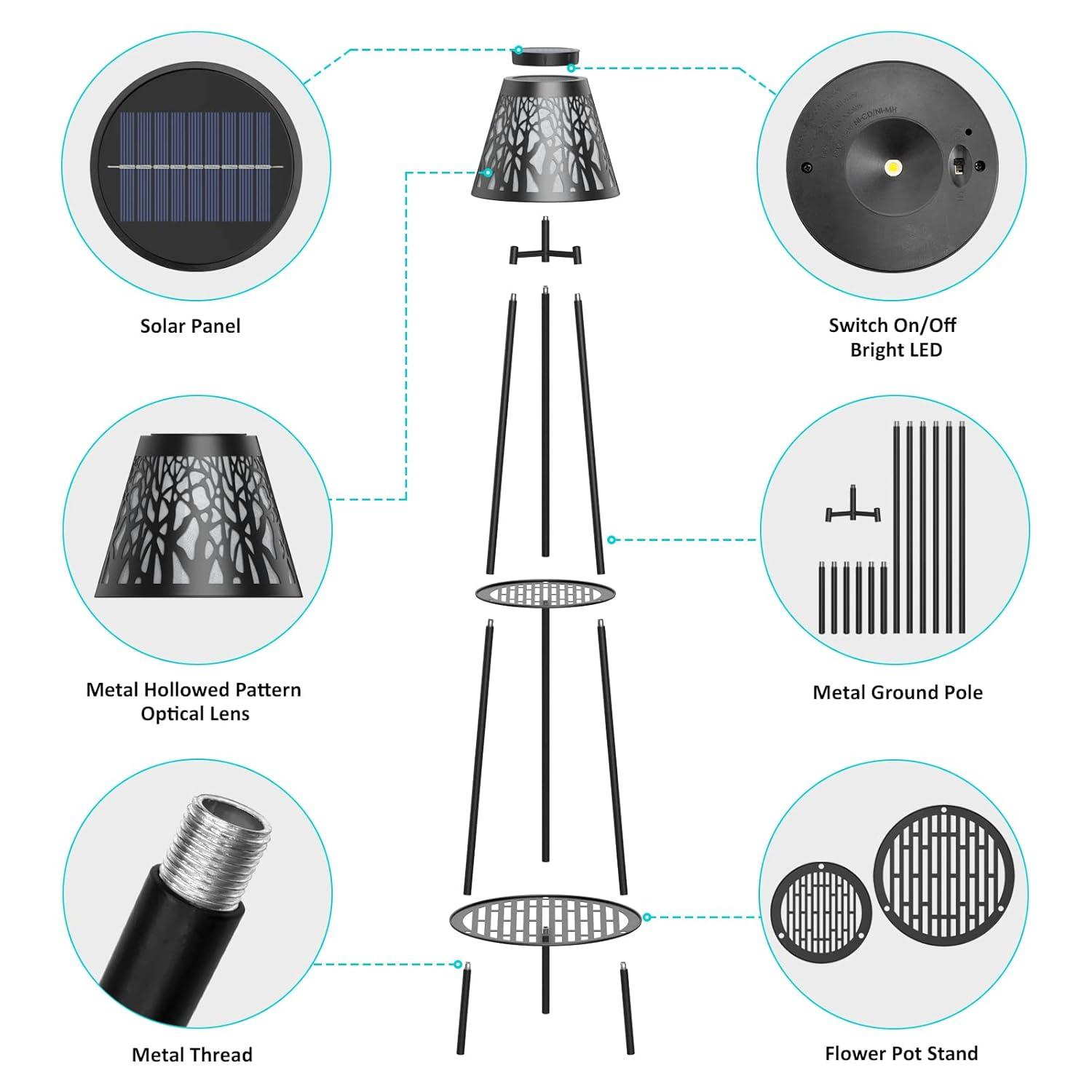 2 Pack 45.5'' Outdoor Floor Lamps with 2 Tier Plant Stand, Solar Powered Metal Waterproof Lights for Patio Deck Yard Garden Porch Decor