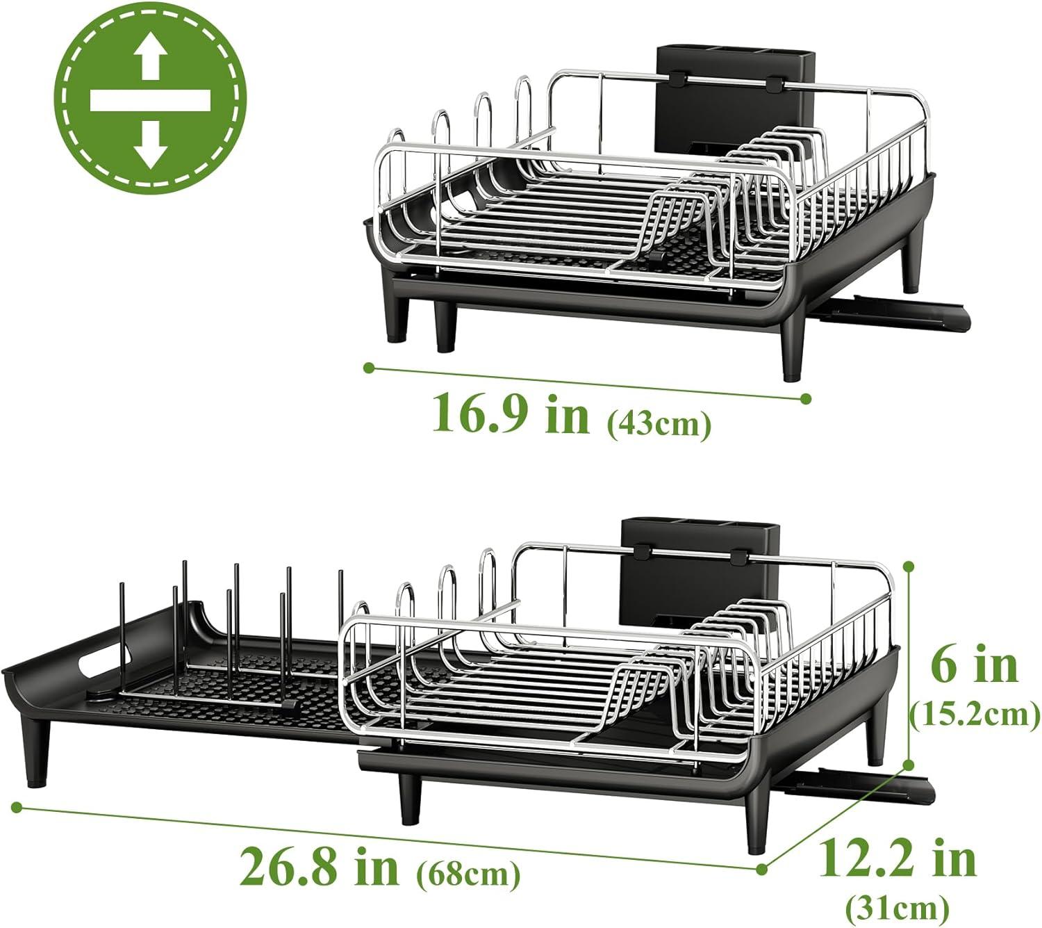 Large Black Metal Dish Drying Rack with Utensil Cup