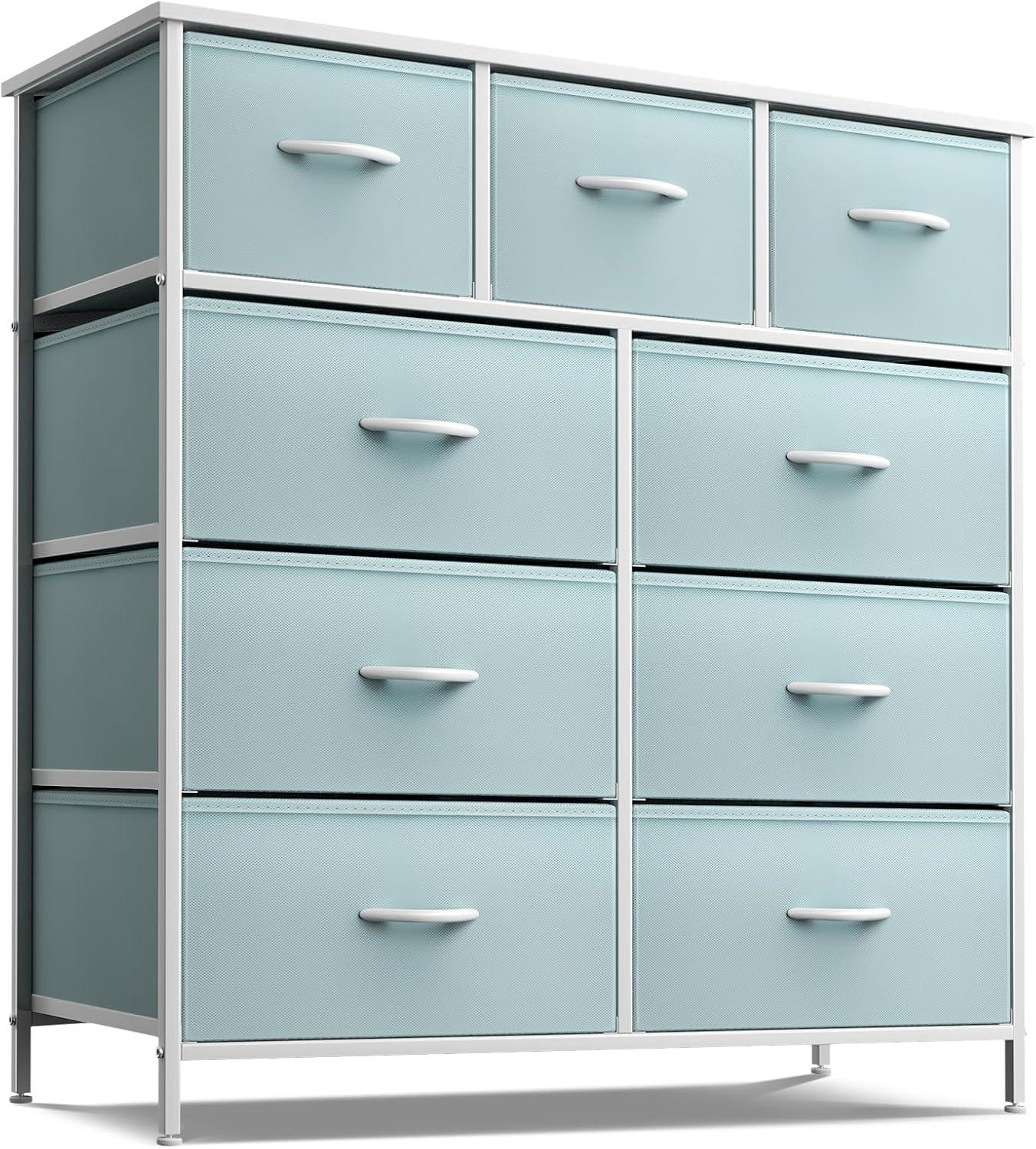 Aqua 9-Drawer Steel Frame Nursery Dresser with Fabric Bins