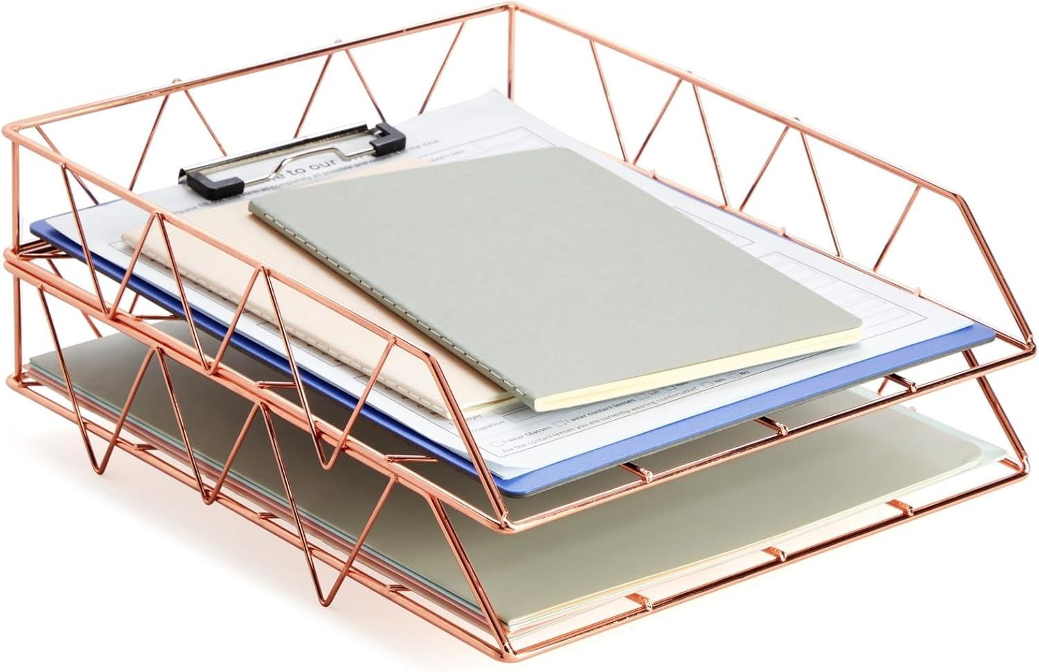 Paper Junkie 2 Pack Metal Rose Gold Desk Organizer, Paper, Letter, File and Document Holder, 10 x 12 In