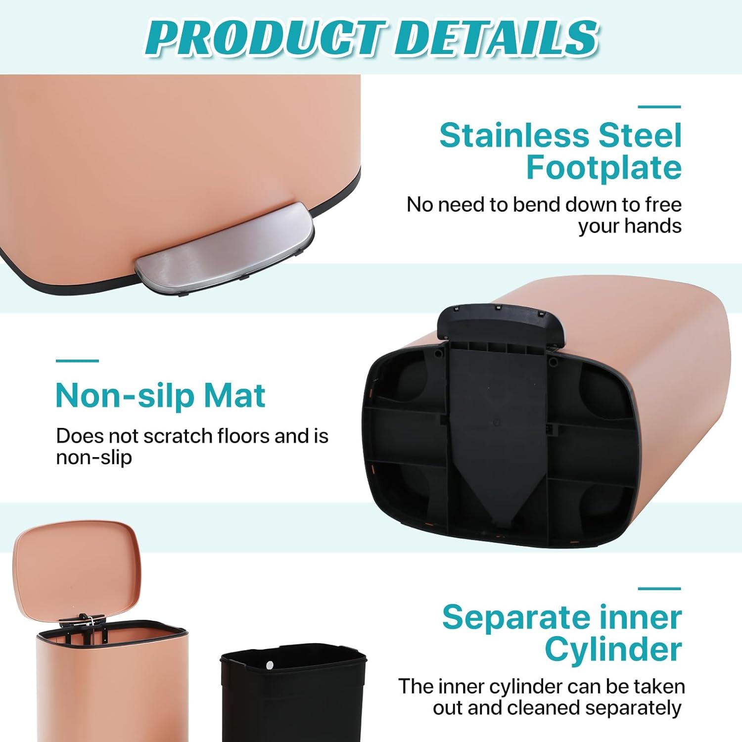 CL.HPAHKL 13 Gallon (50L)Trash Can ,Kitchen Trash Can, Stainless Steel with Lid, Foot Pedal and Inner Bucket, Fingerprint-Resistant Soft Close Lid Garbage Can, Pedal Rubbish Bin for Home Office