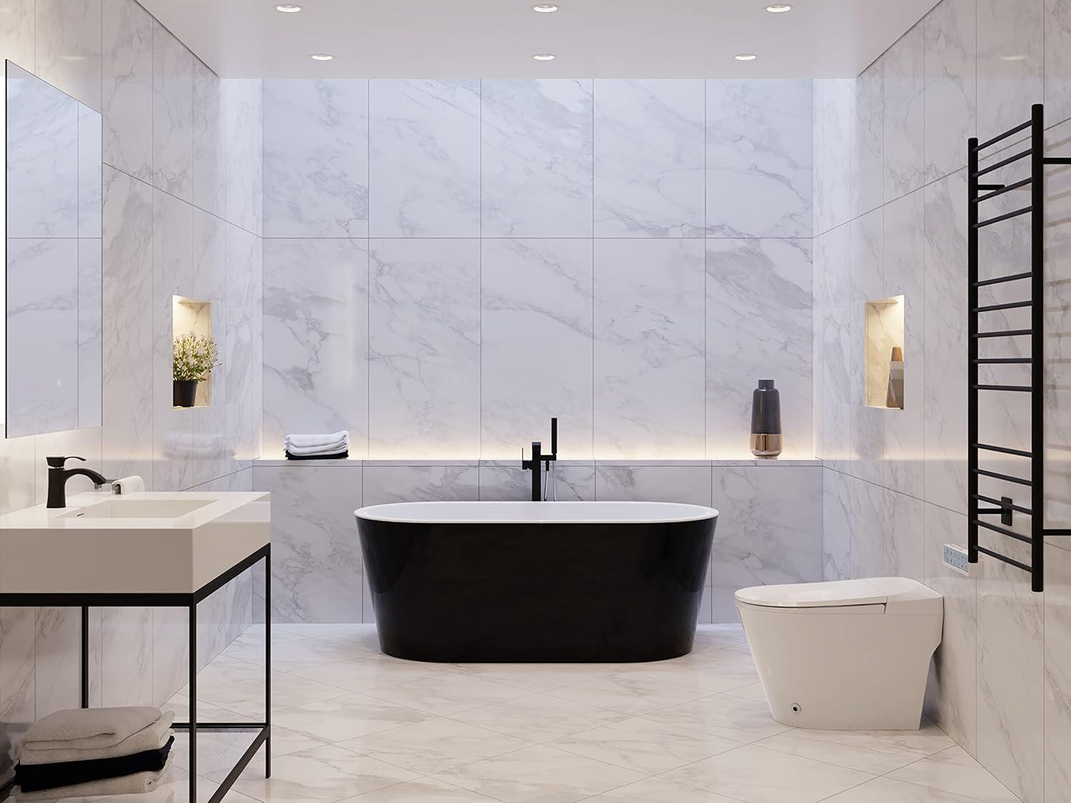 Glossy Black Acrylic Freestanding Soaking Bathtub with Overflow