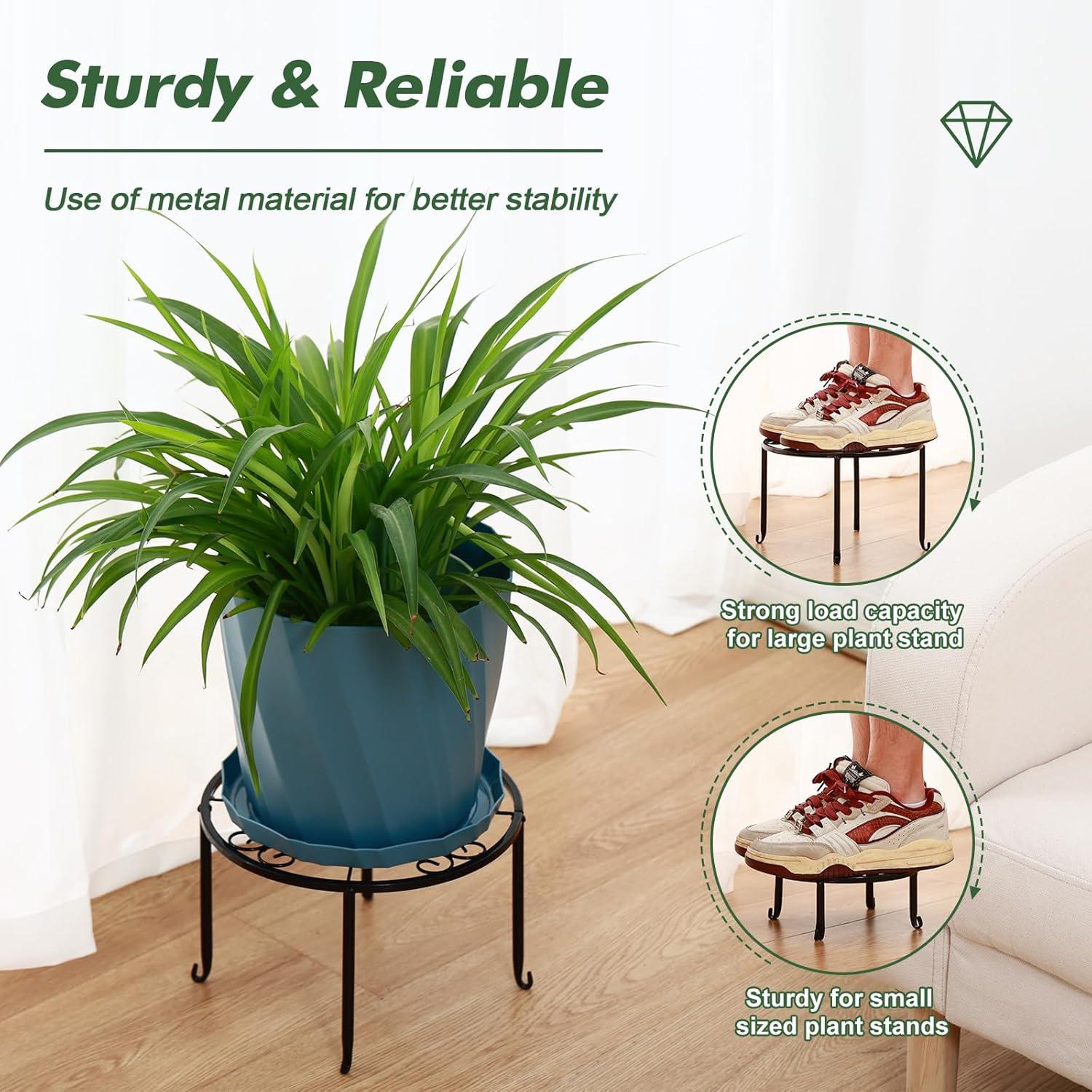 3 Pack 9 inches Metal Plant Stands with Saucer for Indoor and Outdoor Plants Heavy Duty Potted Heavy Duty Flower Pot Stand Holder Rustproof Iron Round Plant Shelf for Garden, Brown