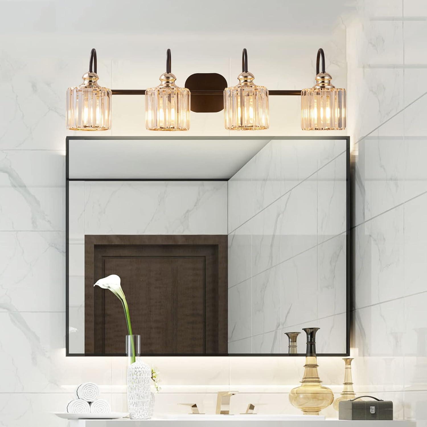 ExBriteUSA 4-Light Wide Gold Crystal Bathroom Vanity Lights,