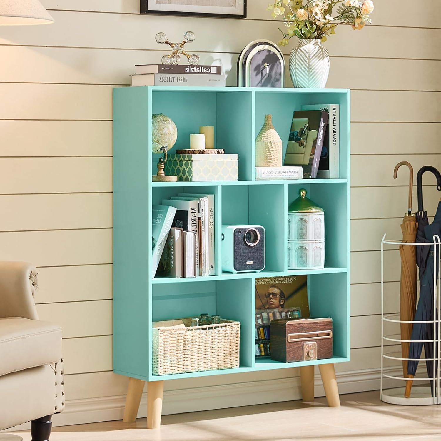 Satiny 7 Cube Bookshelf 3-Tier Bookcase with Legs, Mint-Green Kids Book Shelf Cute Storage Organizer, Toy Shelves Bookshelves,Wood Display Bookcases