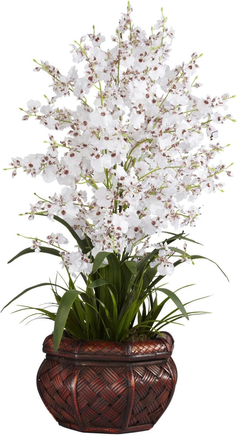 White Silk Dancing Lady Flower Arrangement with Brown Vase