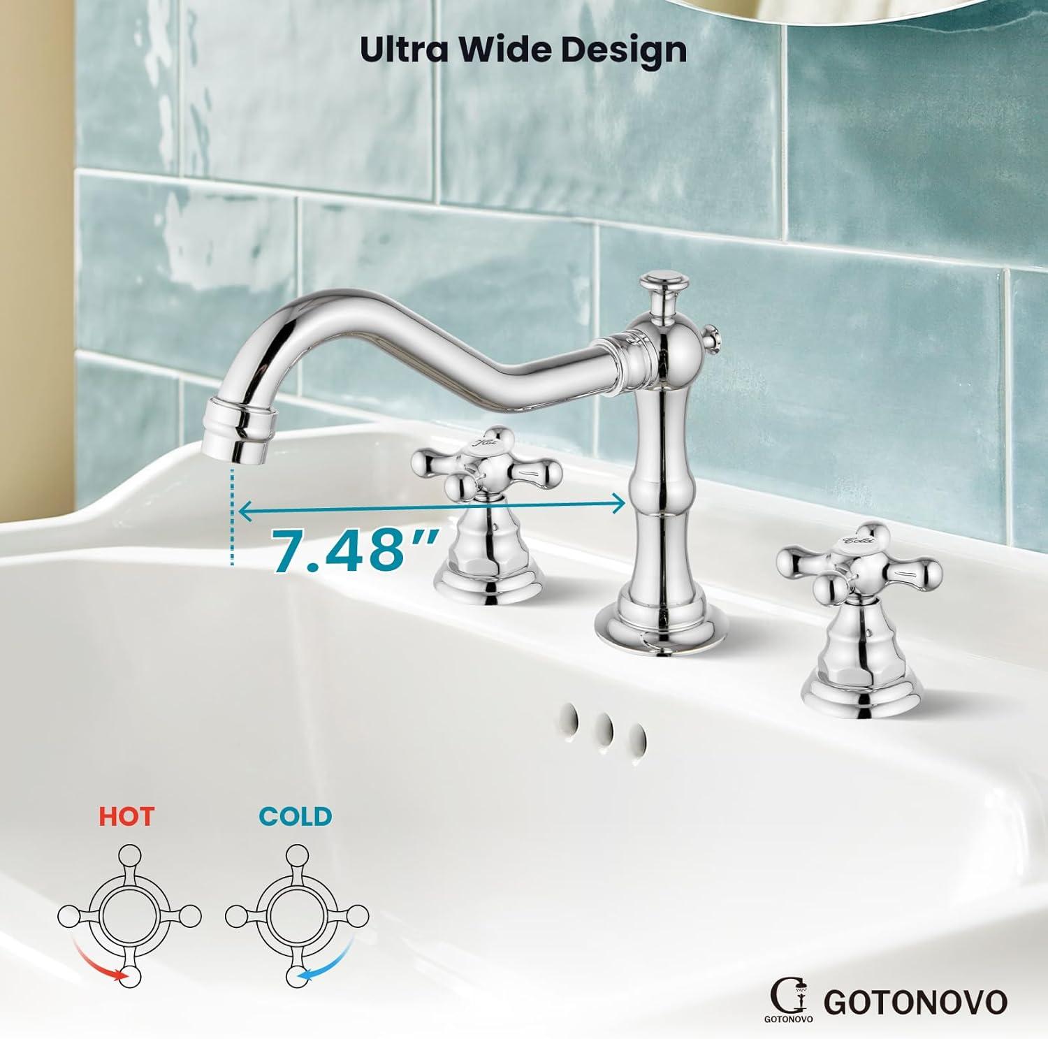 gotonovo Widespread Bathroom Sink Faucet Double Cross Knobs Polish Chrome 3 Hole Mixing Tap Deck Mount with Pop Up Drain