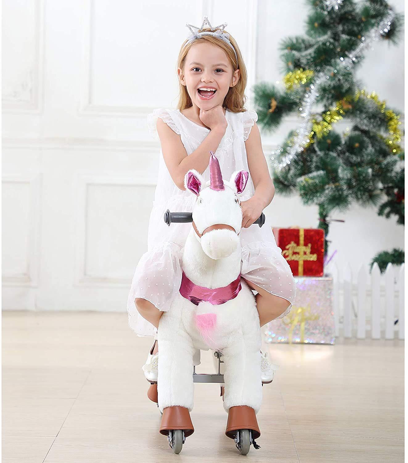 JoJoPooNy Ride on Unicorn Toys for Girls, Ride on Horse Riding Pony for Children 3-6 Years Old, Rideable Plush Walking Horse Animal with Wheels