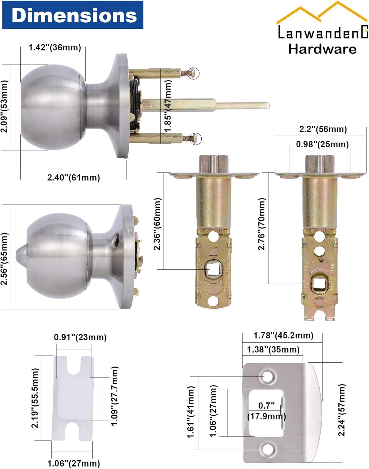 Lanwandeng Door Knobs with Lock, Satin Nickel, Hardware Handle, Keyed Entry for Bathroom or Bedroom